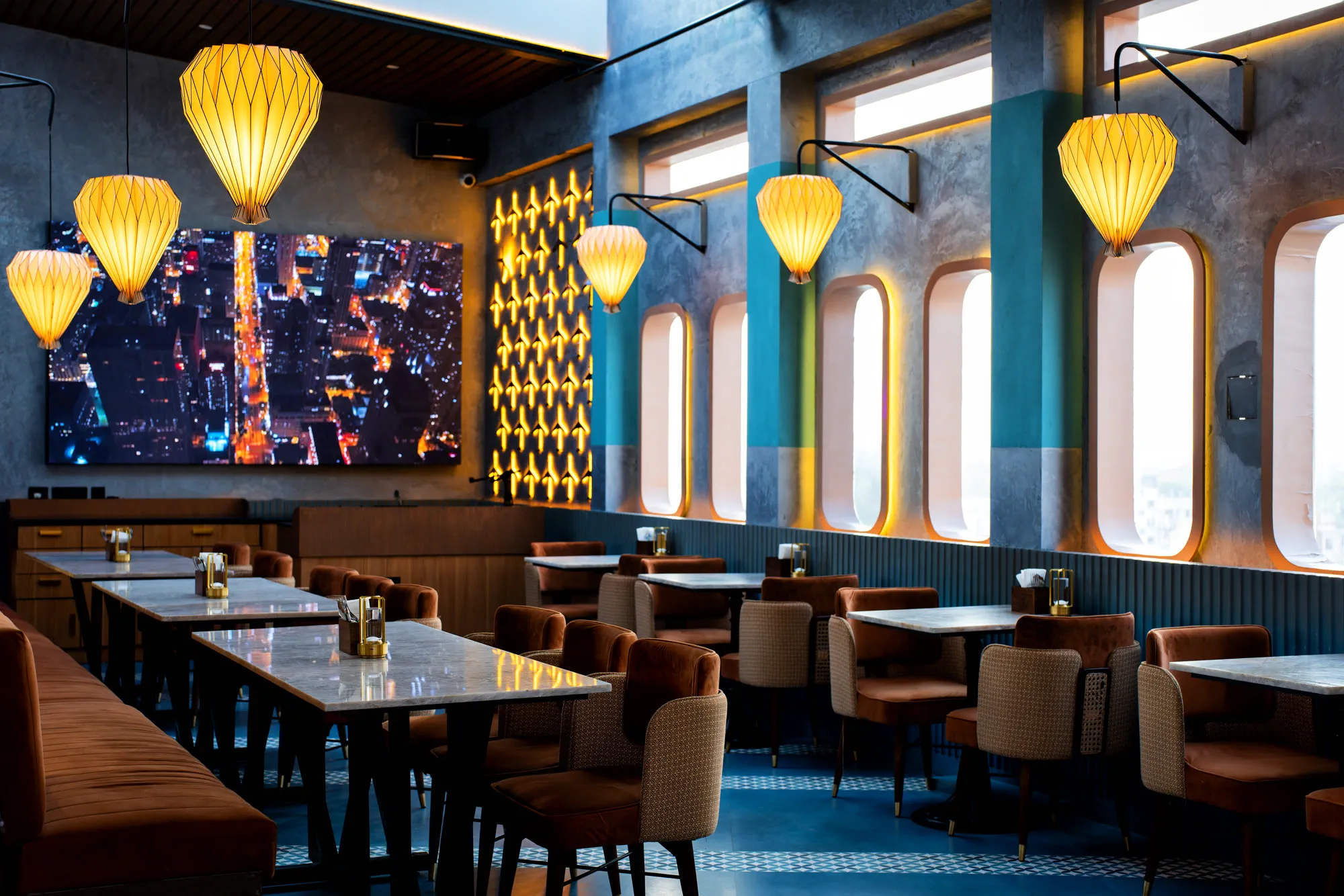 Dining seating zones at night