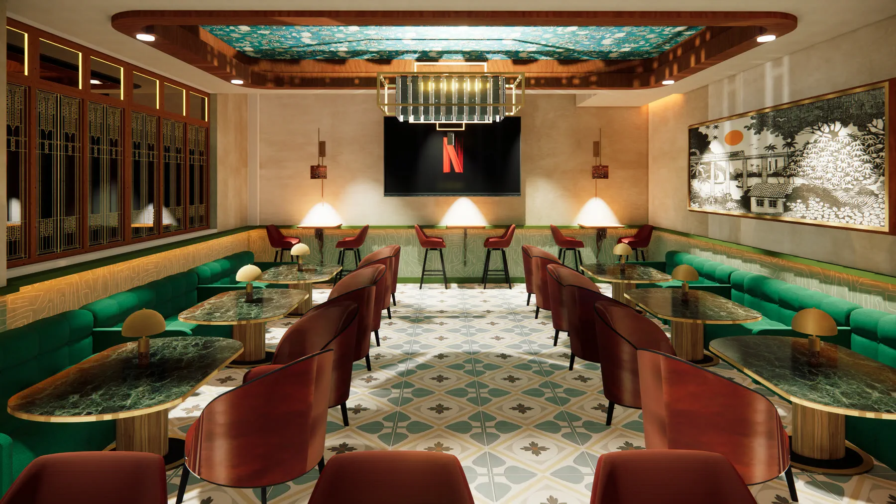 Render looking down the room from the bar: green banquettes both sides, oxblood chairs, printed ceiling panel and a high counter along the back wall