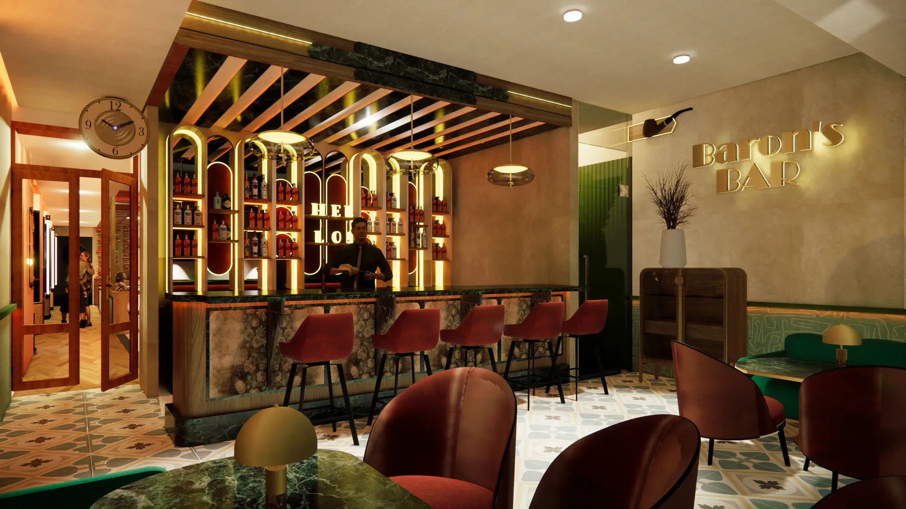 Render of the bar: nine lit arched niches behind the counter, green marble top, oxblood stools and backlit lettering on the wall beyond
