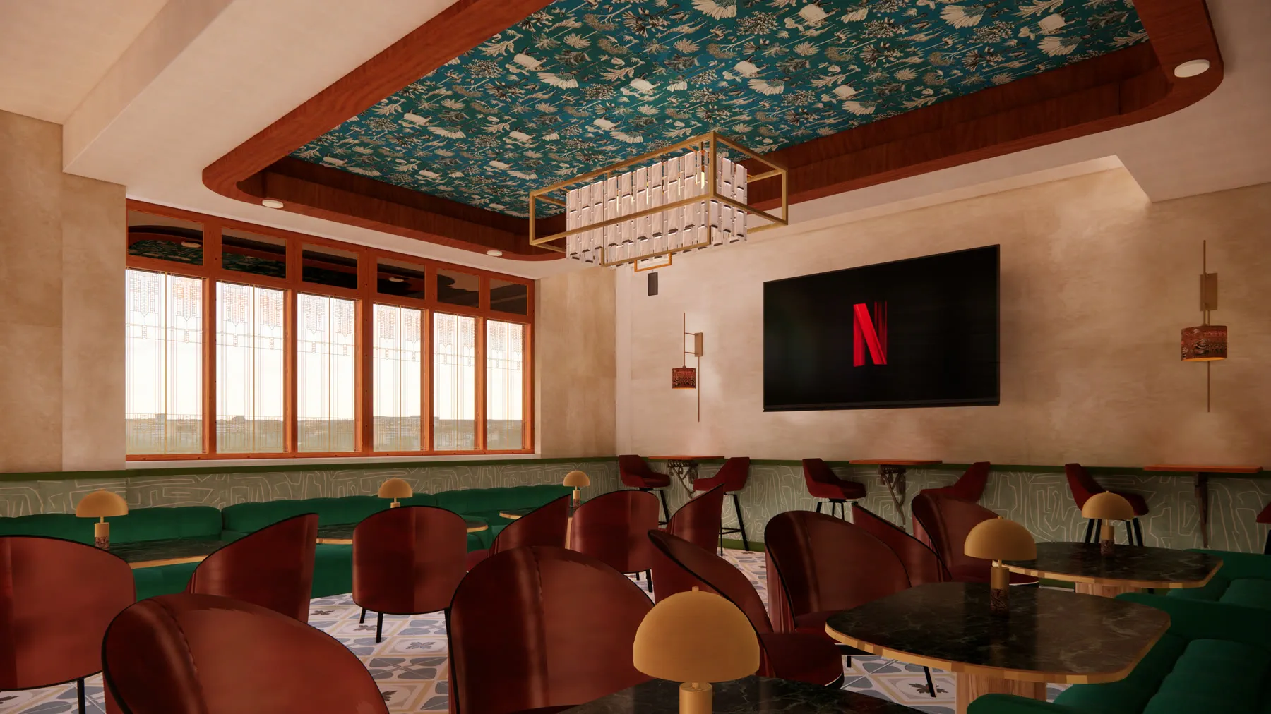 Daytime render with light through the patterned window wall, showing the encaustic floor, green banquettes and oxblood chairs