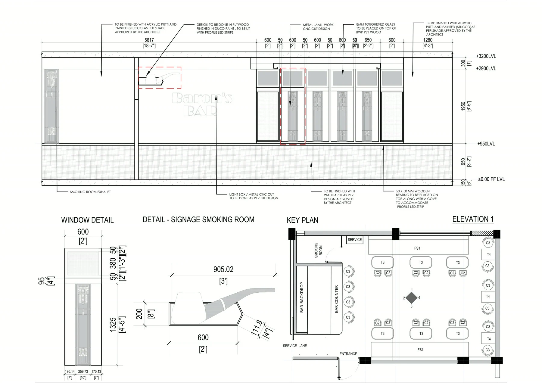 Wall elevation over 5,617 mm with the window bays, jaali panels and light boxes marked, plus window and pipe signage details below