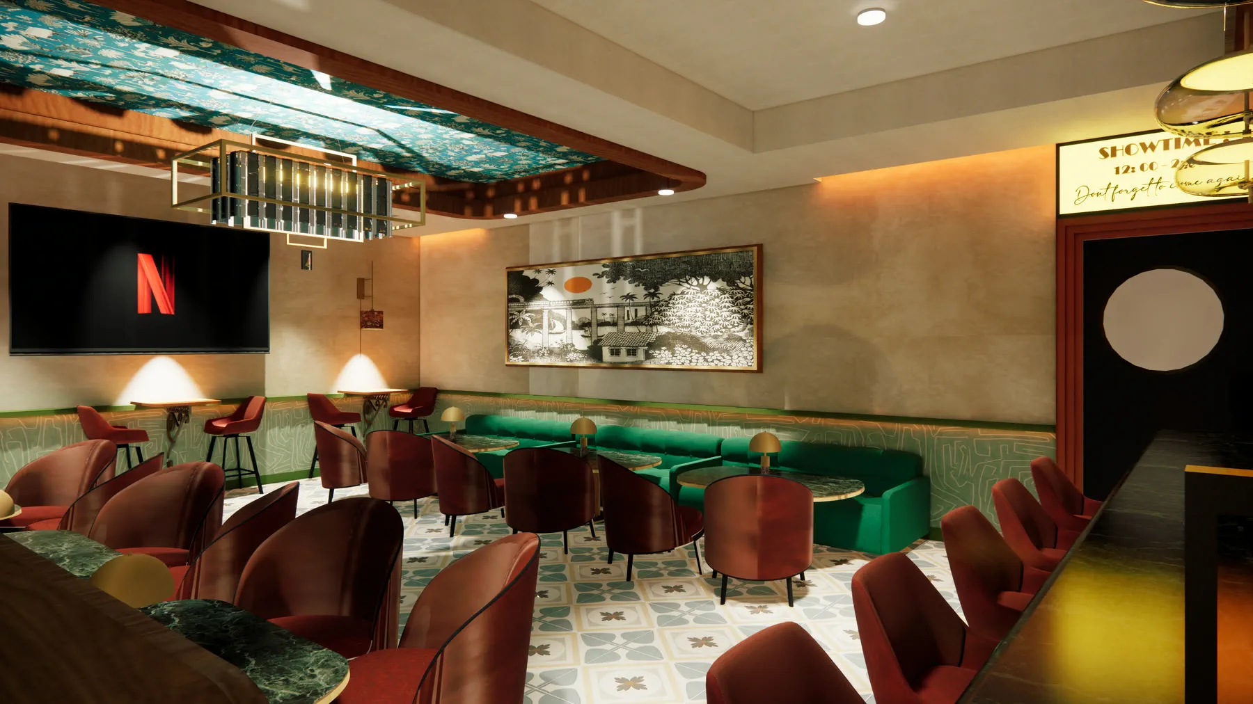 Render from in front of the smoking room, looking back across the seating to the far wall and the framed artwork