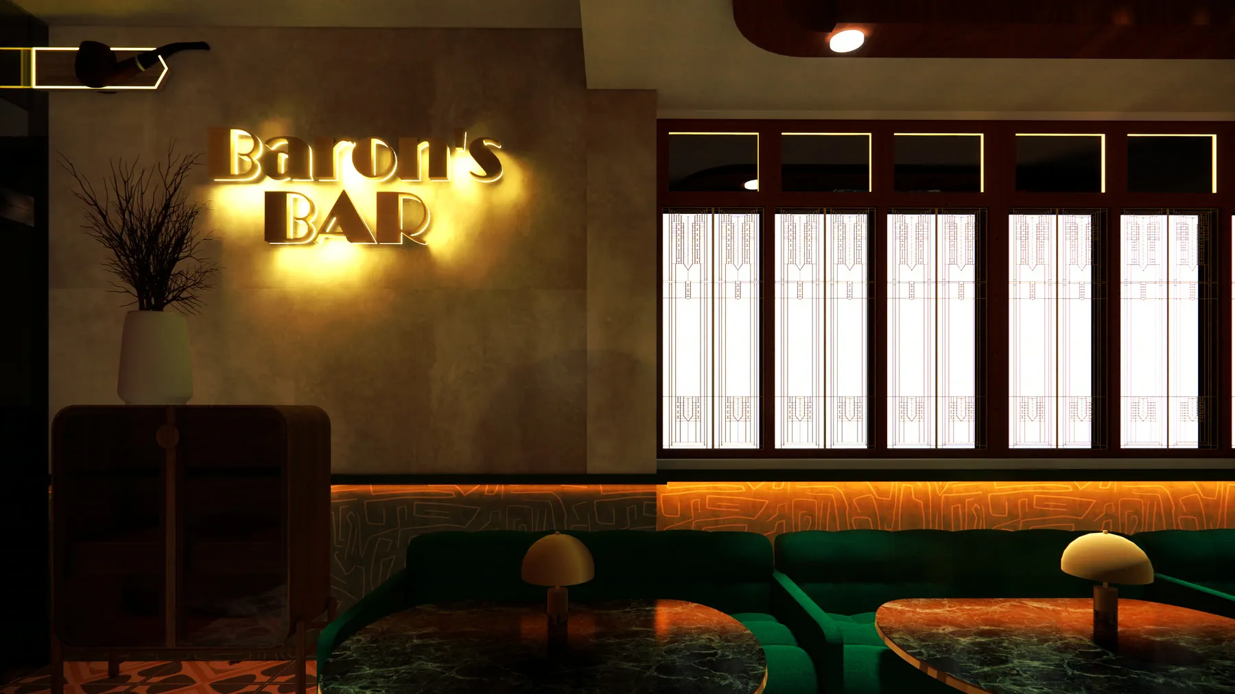 Render of the backlit Baron's Bar lettering on plaster beside the smoking zone, with the pipe motif above it