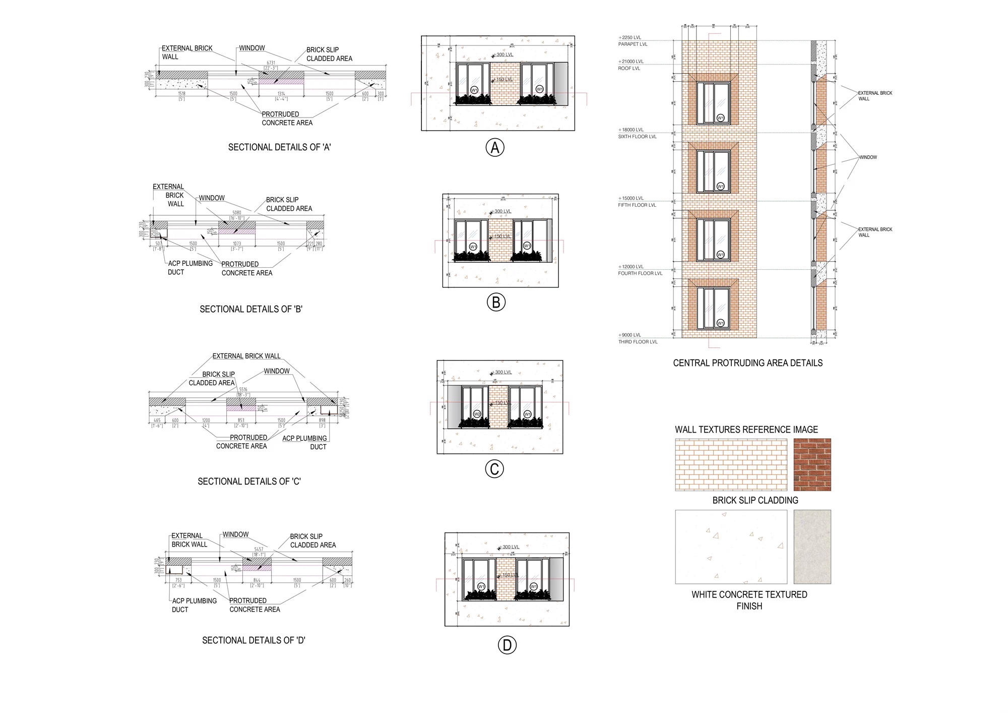 Sectional details through the facade showing brick slip, protruded concrete and plumbing ducts