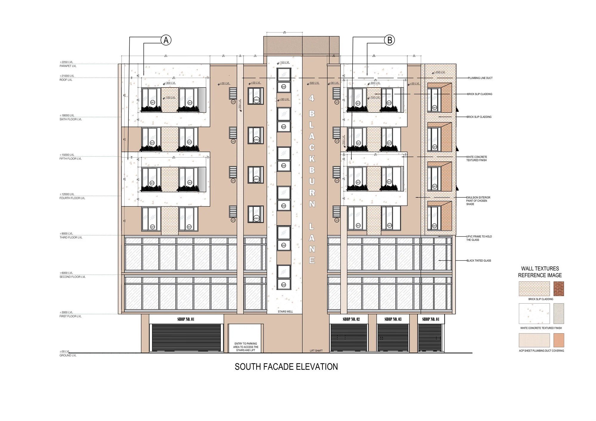 Annotated south facade elevation with levels, finishes and shop units