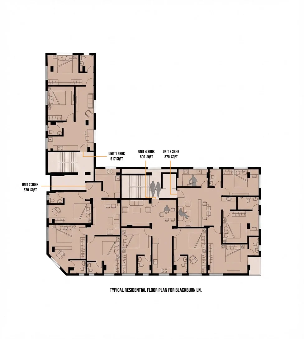 Typical residential floor plan with four flats labelled by size