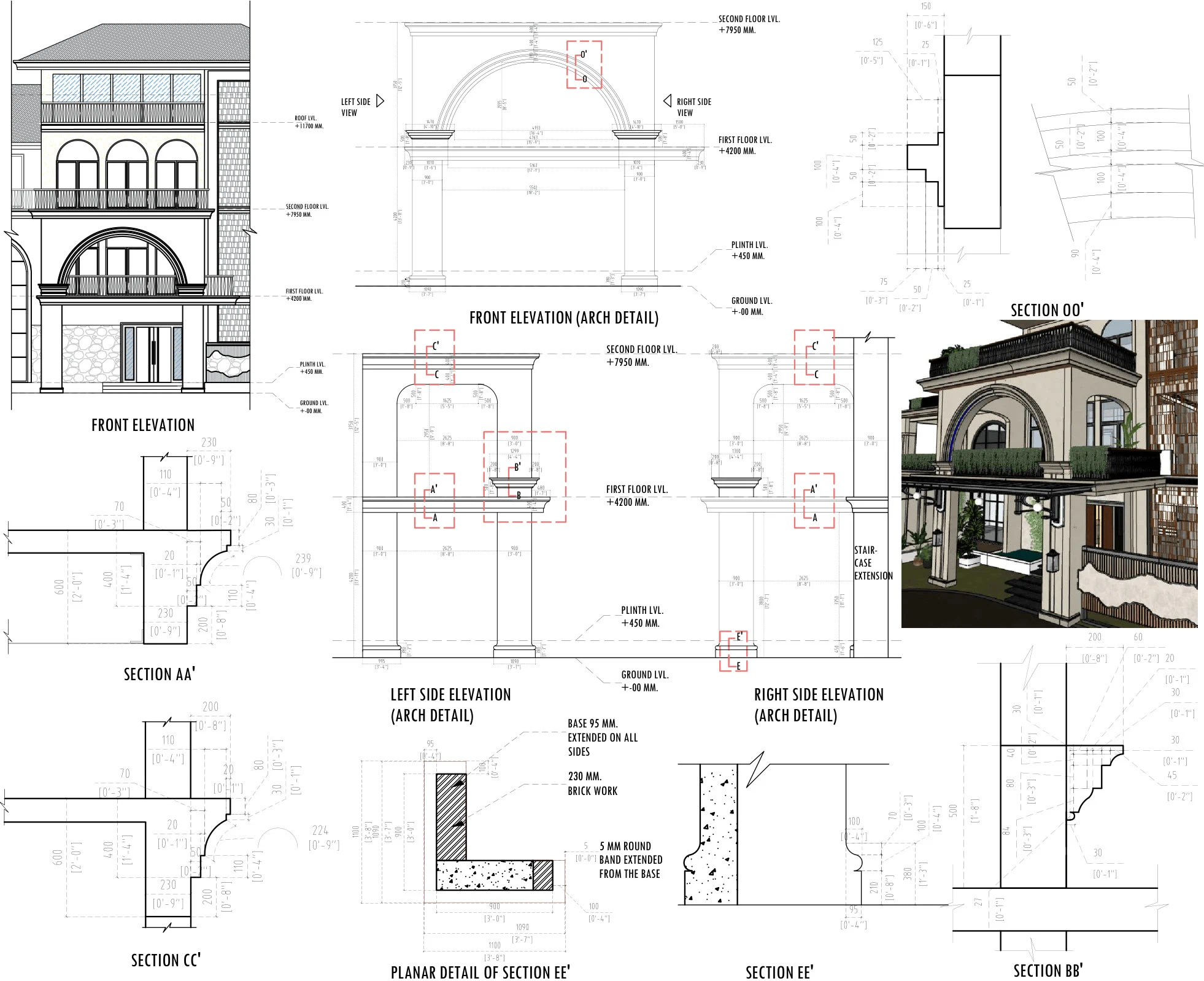 Detail sheet for the entrance arch: front, left and right elevations of the arch with sections through the cornice, base and brickwork