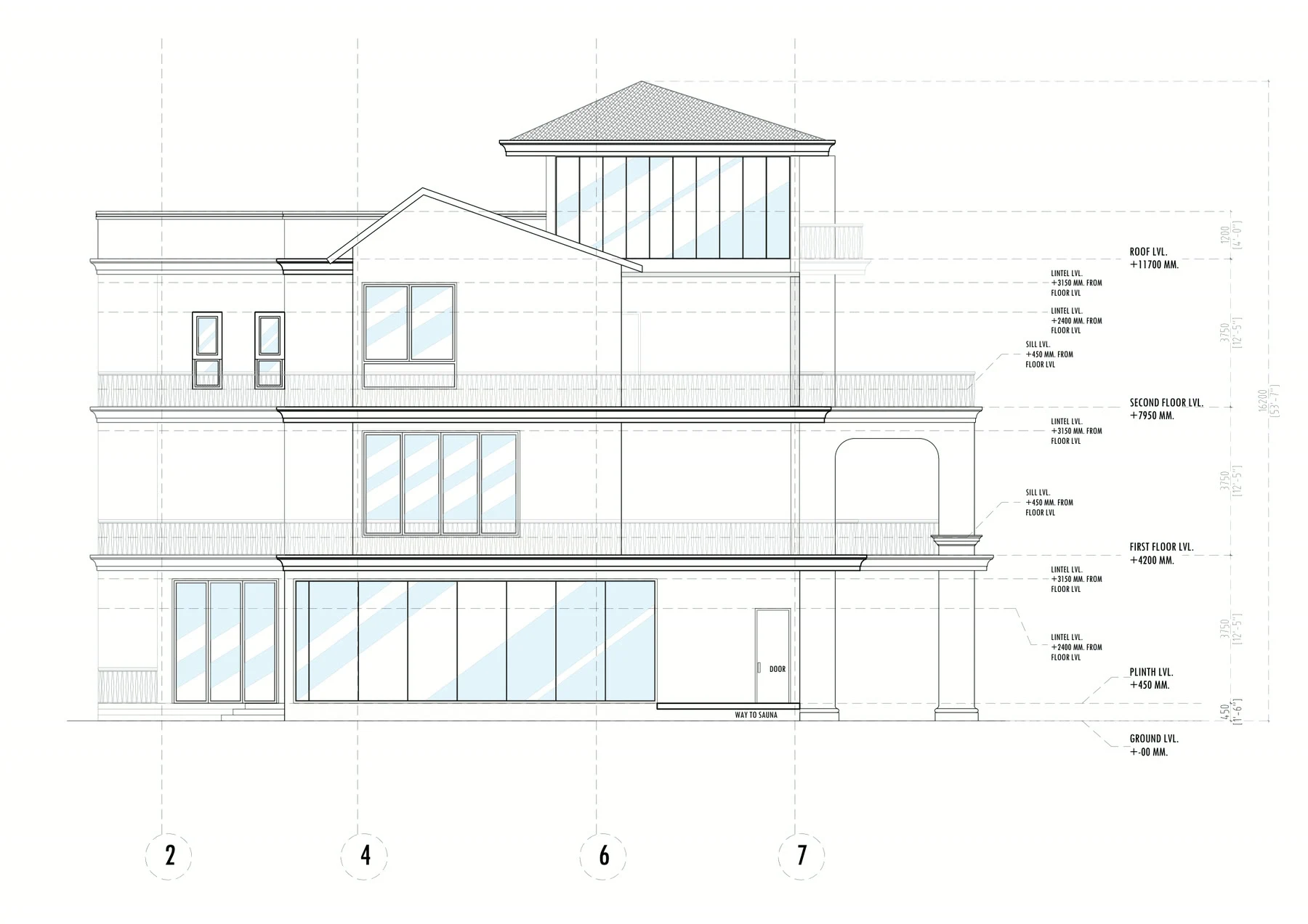 East elevation drawing on grid lines 2 to 7, with the glazed ground floor and the way through to the sauna marked