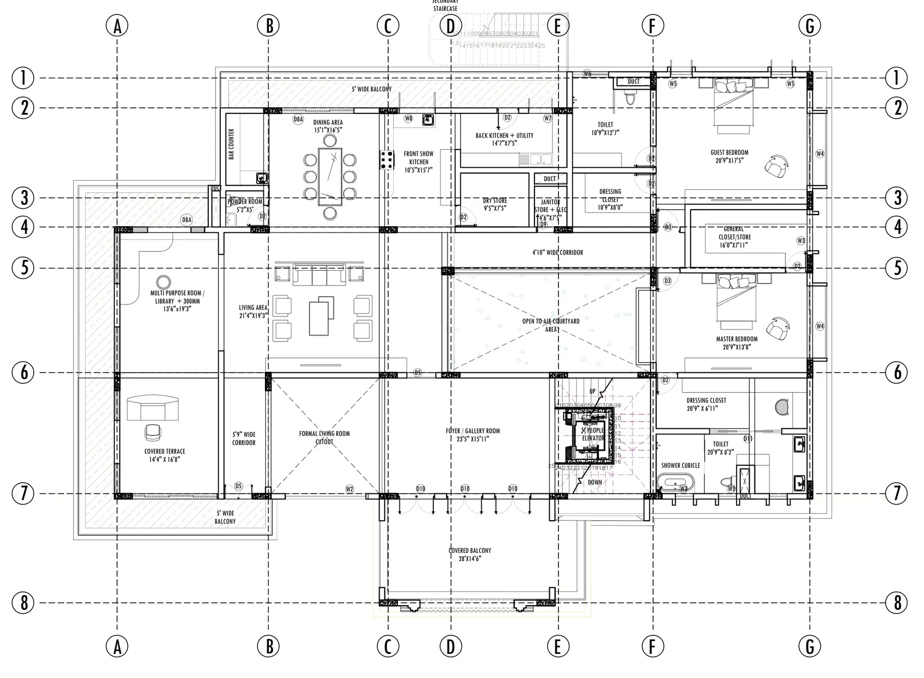 First floor layout on grid A to G and 1 to 8, with dining, show kitchen, living area, library, master and guest bedrooms around a central open-to-air courtyard