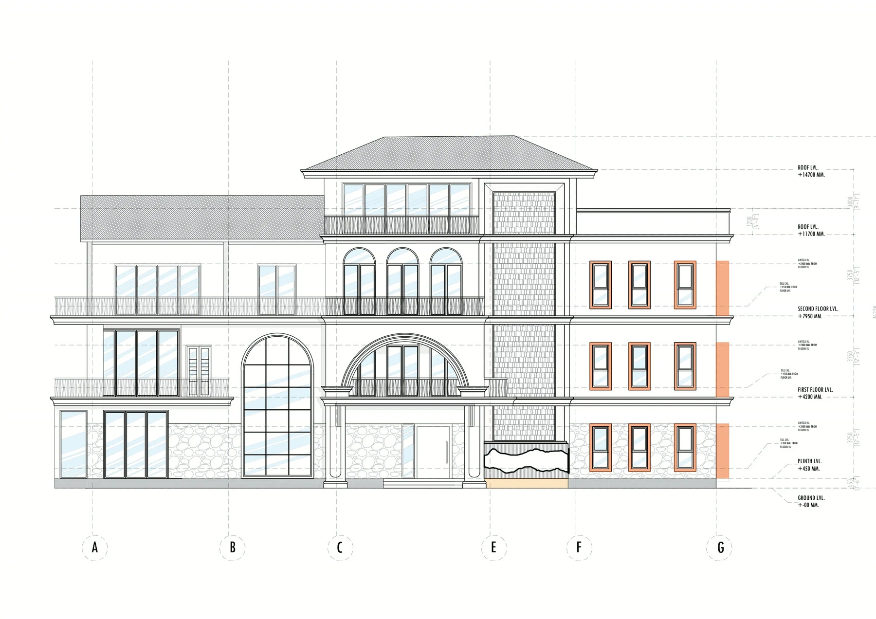 North elevation drawing with floor levels marked, showing the stone base, arched loggia, screen tower and the roof pavilion above