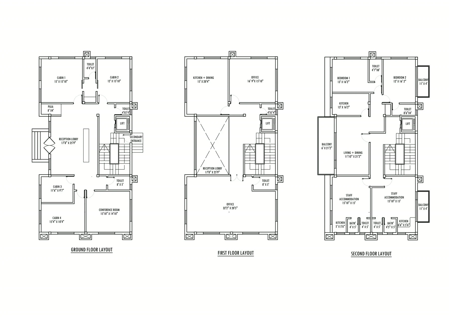 Ground, first and second floor layouts of the office building side by side, with cabins, conference room, offices, and residential accommodation above