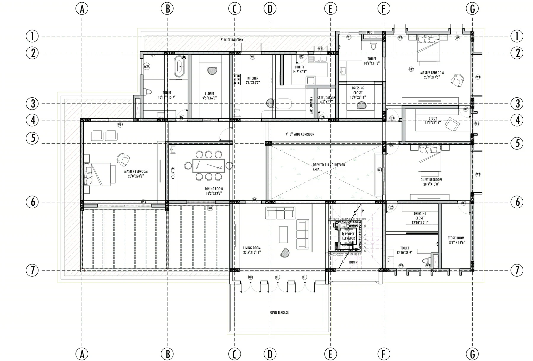 Second floor layout with the master bedroom to the west, dining room, living room, guest bedroom, study and kitchen around the same central courtyard, opening to a terrace