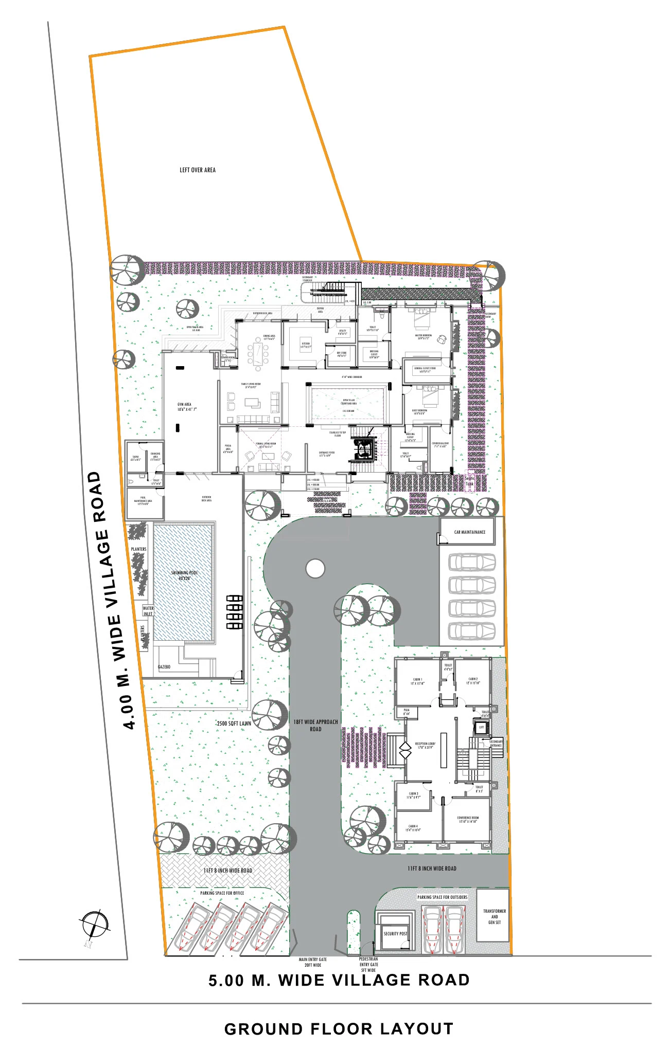 Ground floor layout of the whole plot: house, pool and lawn to the west, office block and parking to the east, with the approach road between them