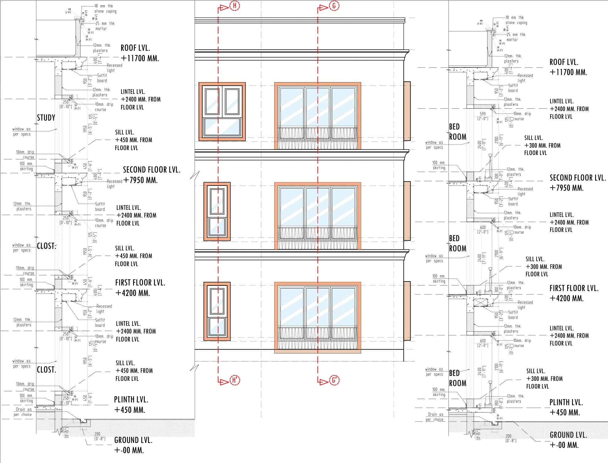 West elevation flanked by sections HH and GG, with construction annotations for coping, plaster, drip courses and skirting