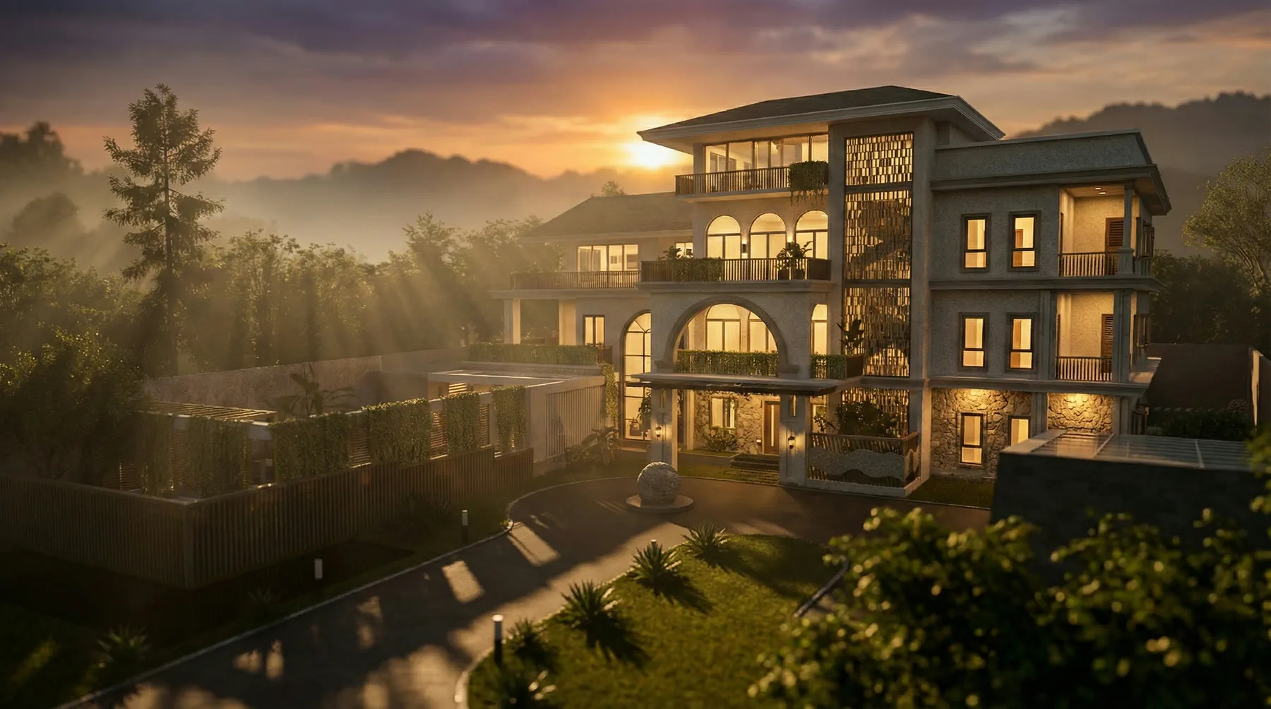 Elevated render looking across the swimming pool to the house, hills in mist behind