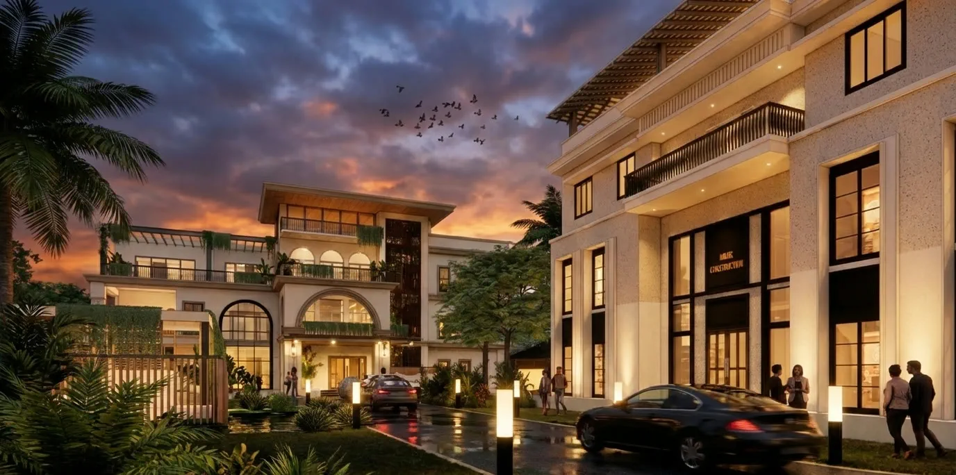 Dusk render from the parking porch showing the house on the left and the office on the right across the wet drive