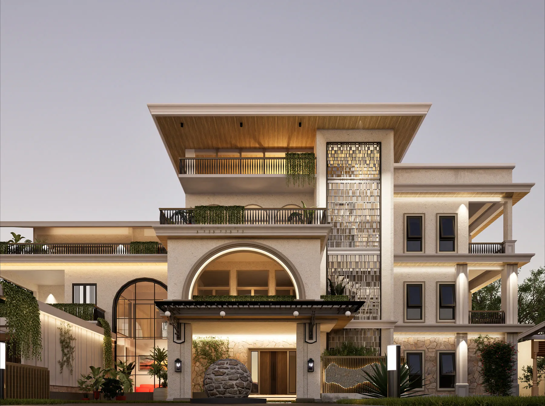 Render of the entrance: a deep arch beneath a cantilevered timber soffit, timber door, and a stone sphere set in the drive