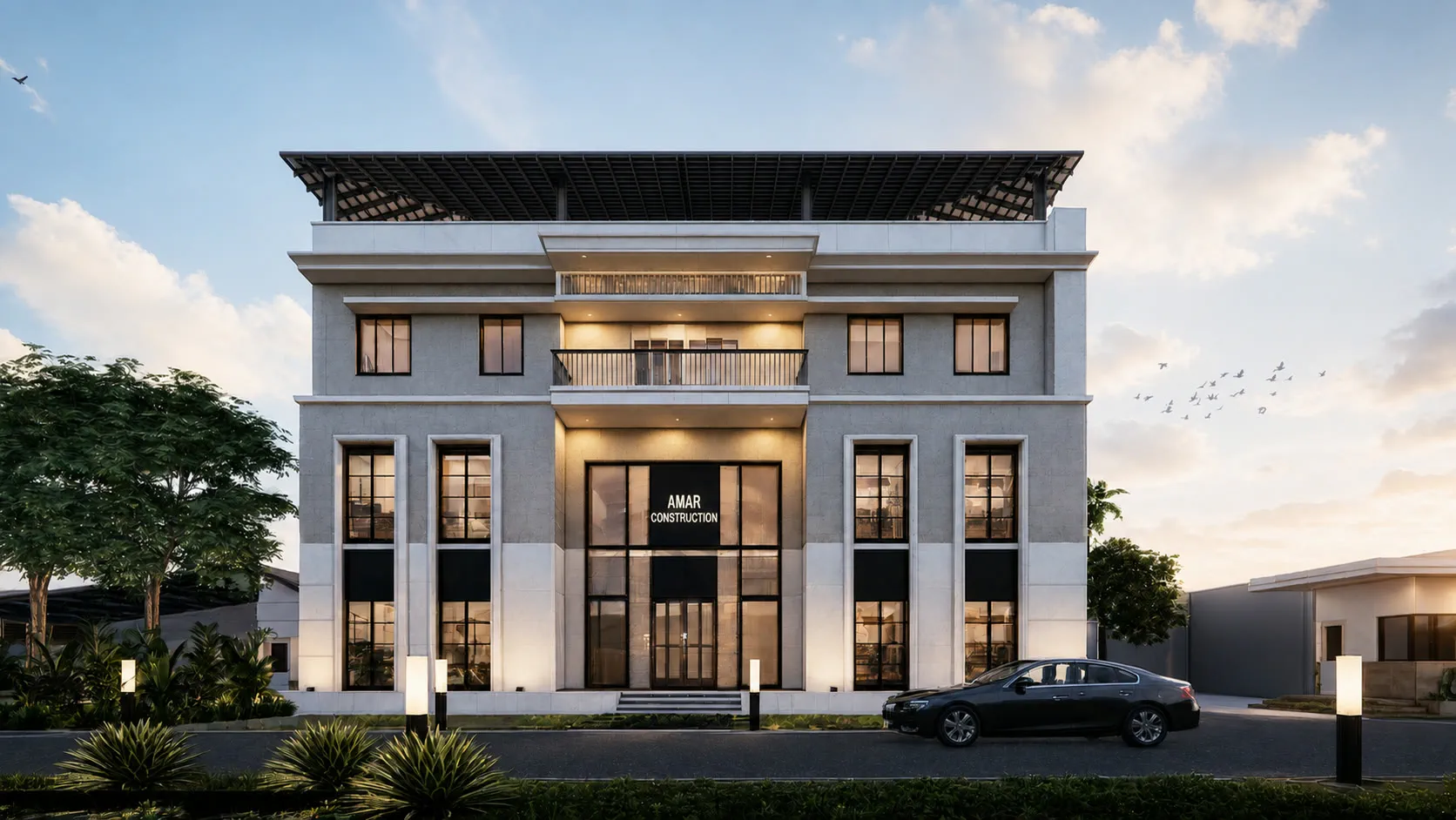Frontal dusk render of the office elevation, tall glazed bays between stone piers under a rooftop pergola