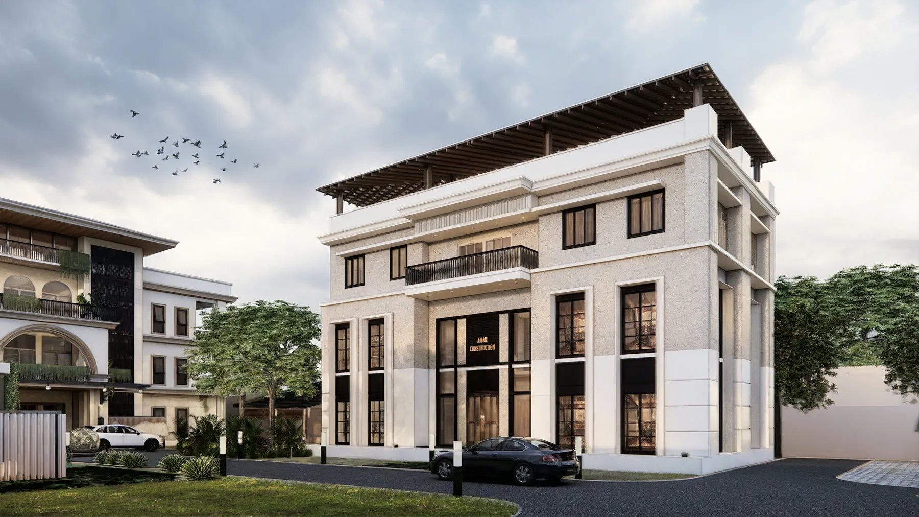 Daytime render of the separate office block from the road, a pale three-storey building with a pergola deck on the roof