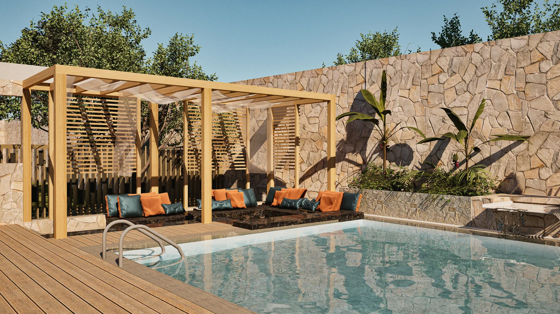 Render of the pool with a timber deck, rough stone boundary wall, planting and a timber pergola over the seating