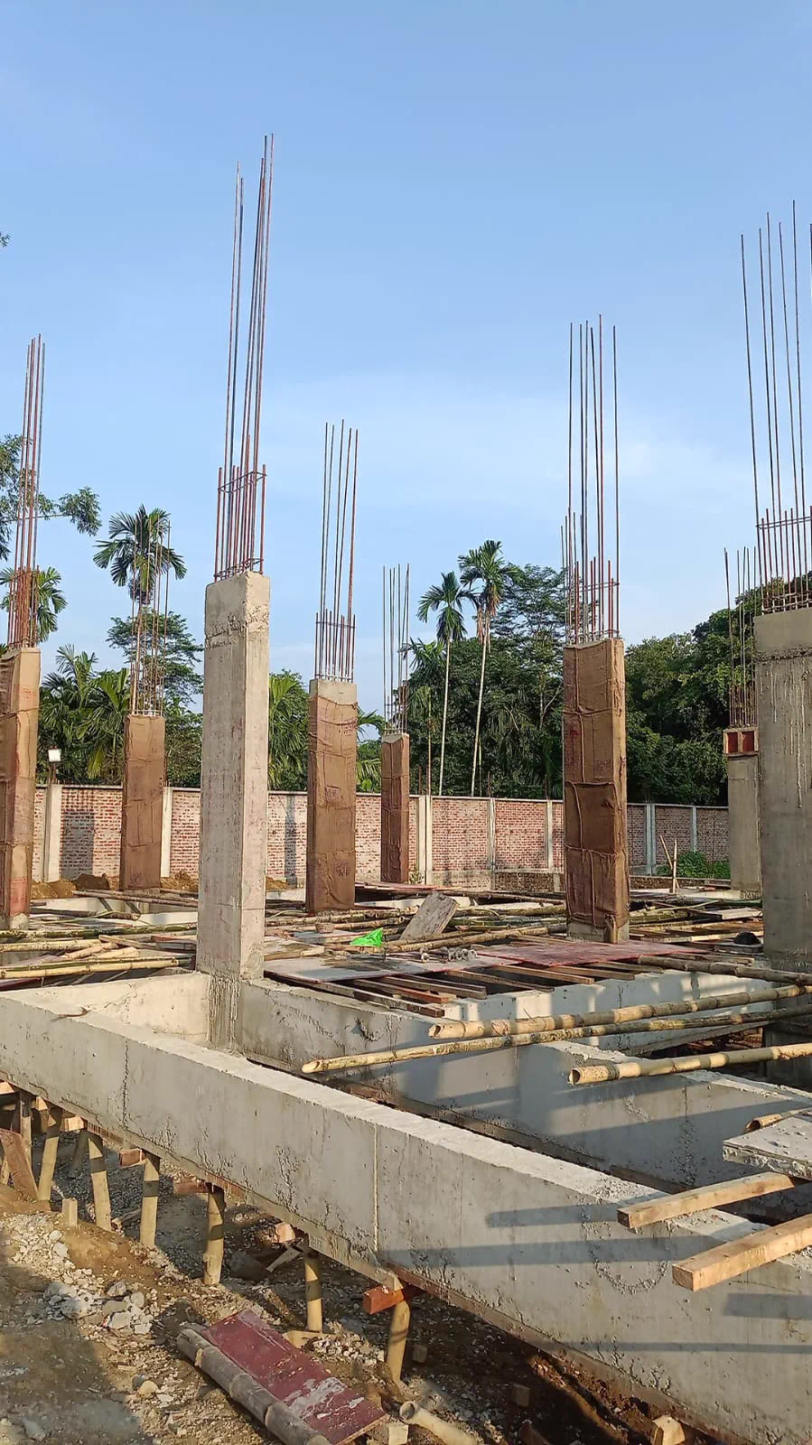 Cast columns with starter bars projecting, wrapped in hessian, plinth beams run between them