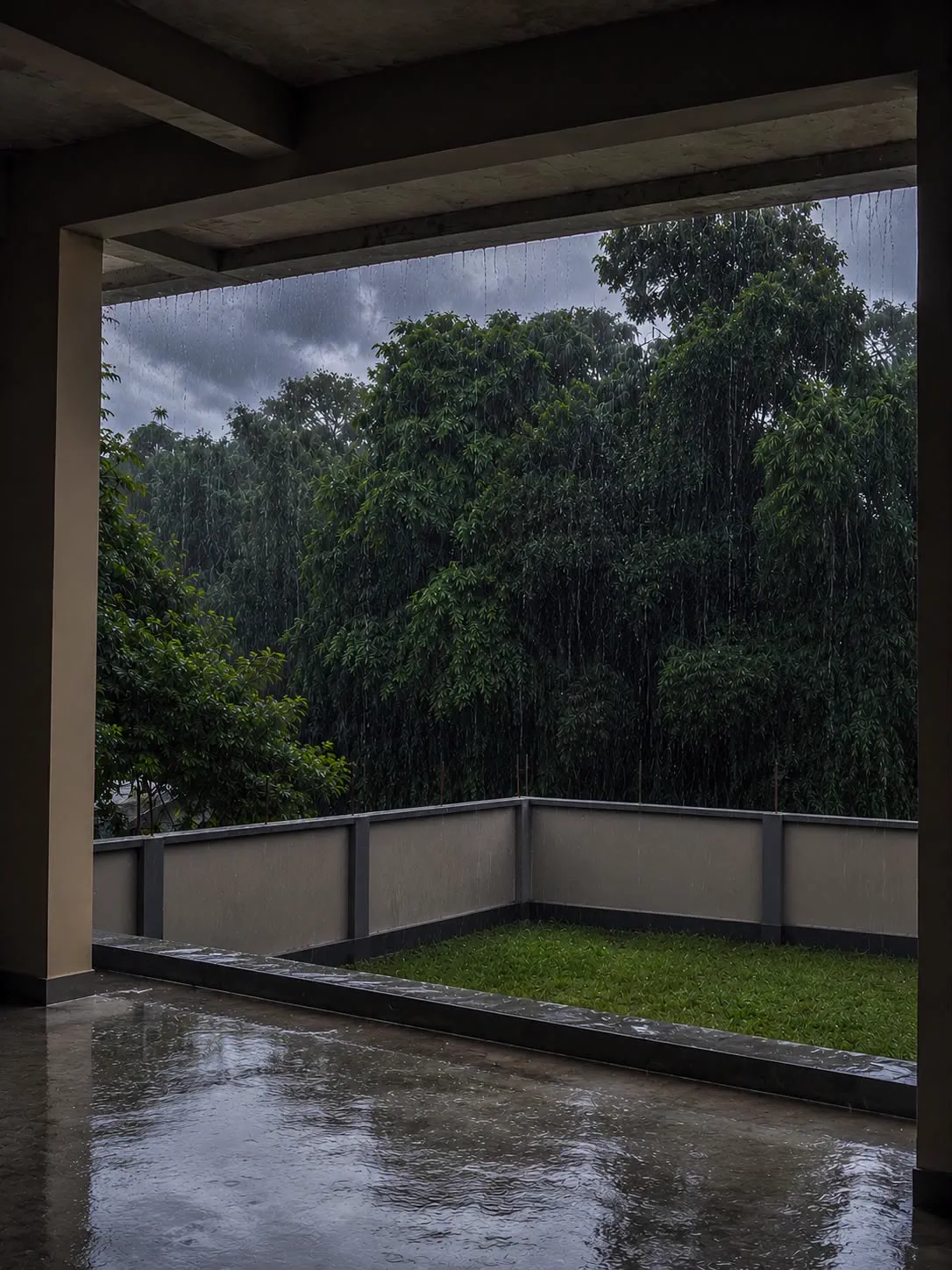 A finished covered terrace during heavy rain, polished floor and a planted lawn strip beyond the parapet