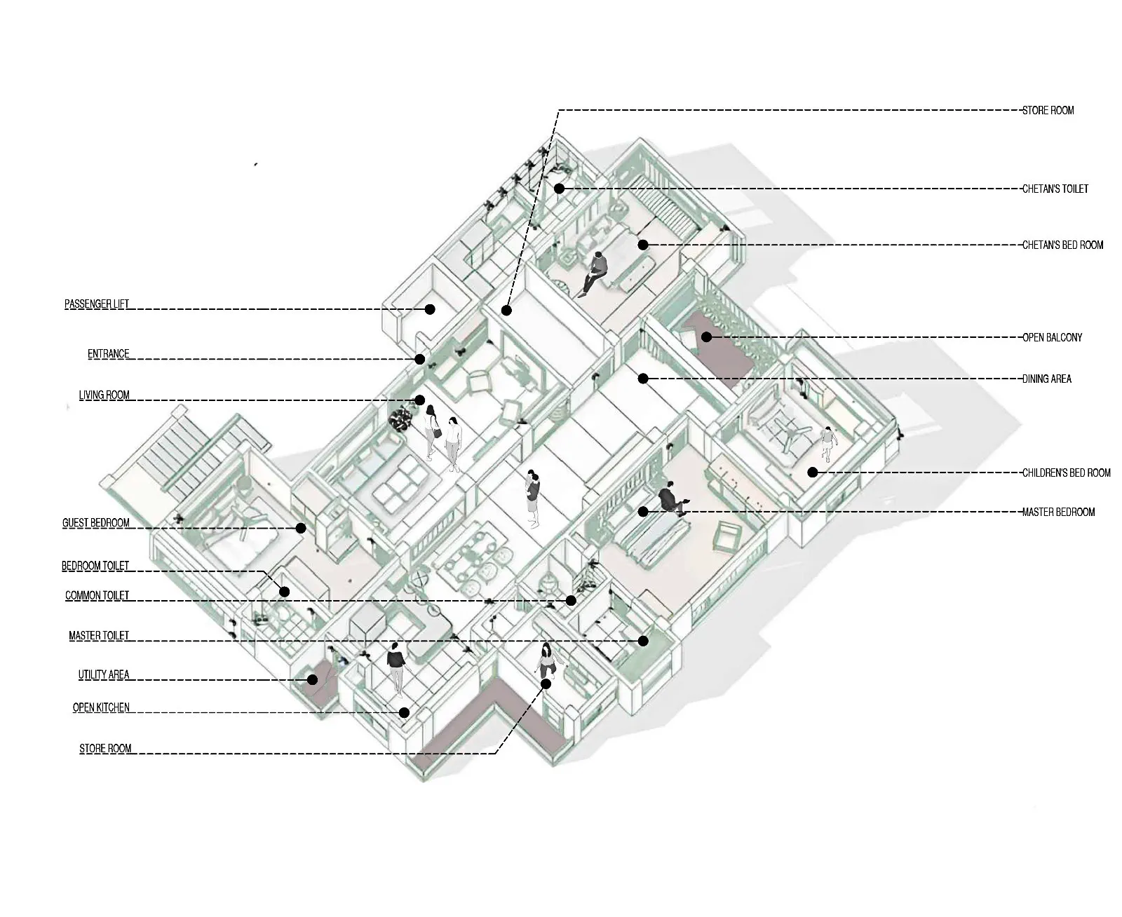 Damani Residence labelled isometric showing the merged apartment plan