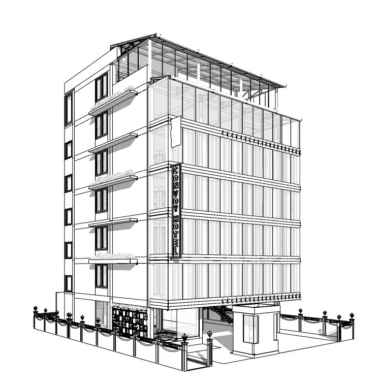Line drawing of the building exterior with vertical Convoy Hotel signage