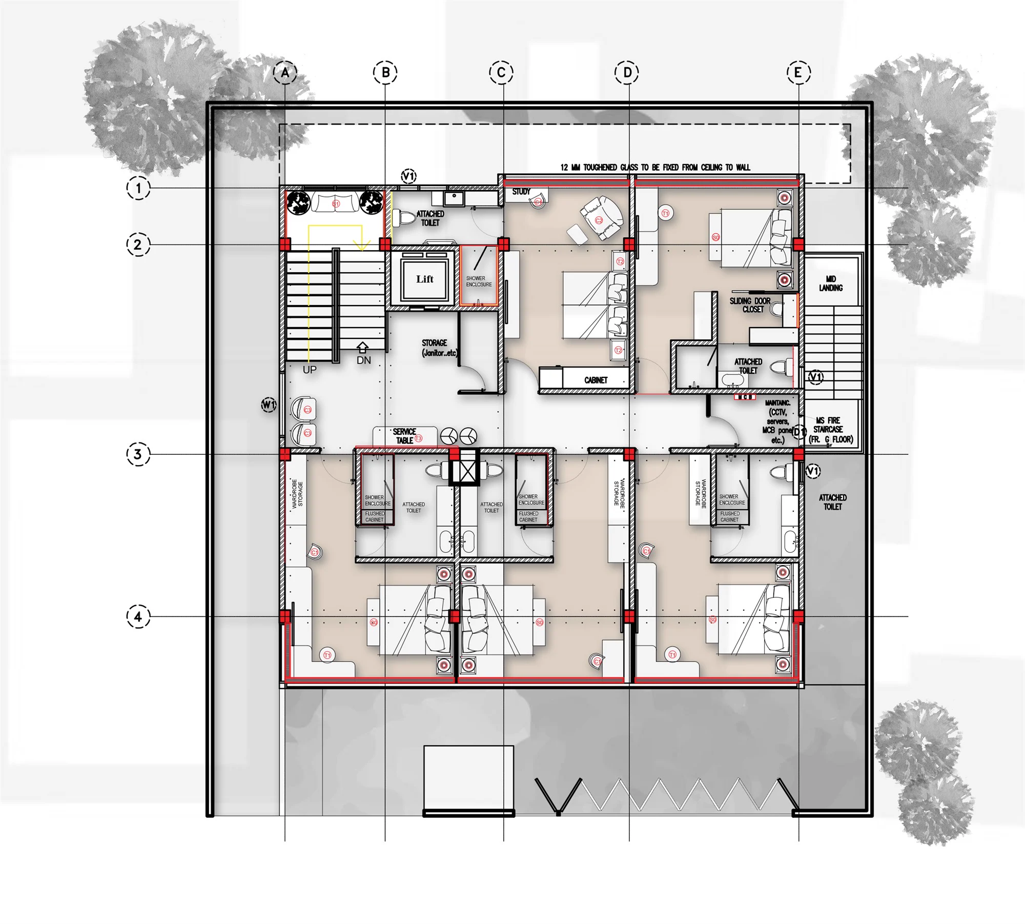 Annotated floor plan showing the guest rooms, lift, staircases and service spaces