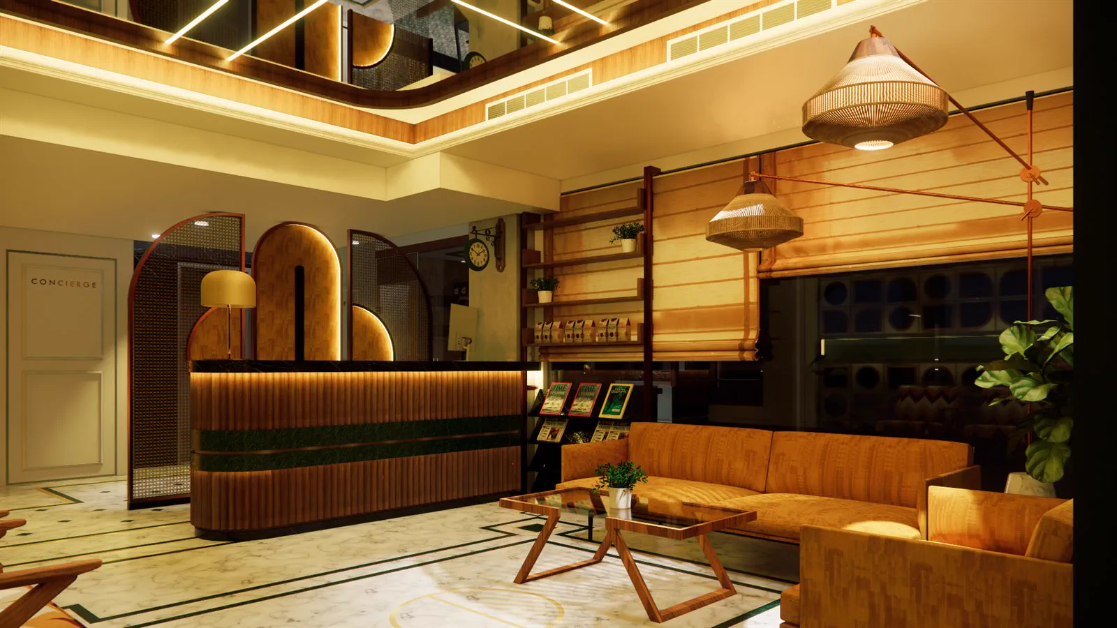 Convoy Hotel lobby &mdash; a fluted timber reception desk with a green marble band, backlit arched forms behind, and woven pendants overhead
