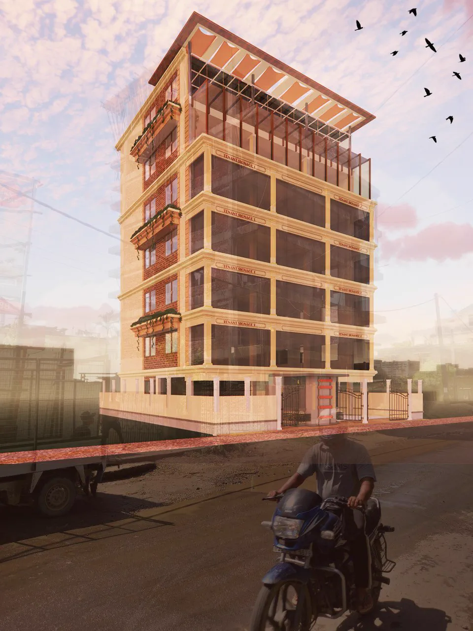 Conceptual exterior render of the hotel at dusk from the street