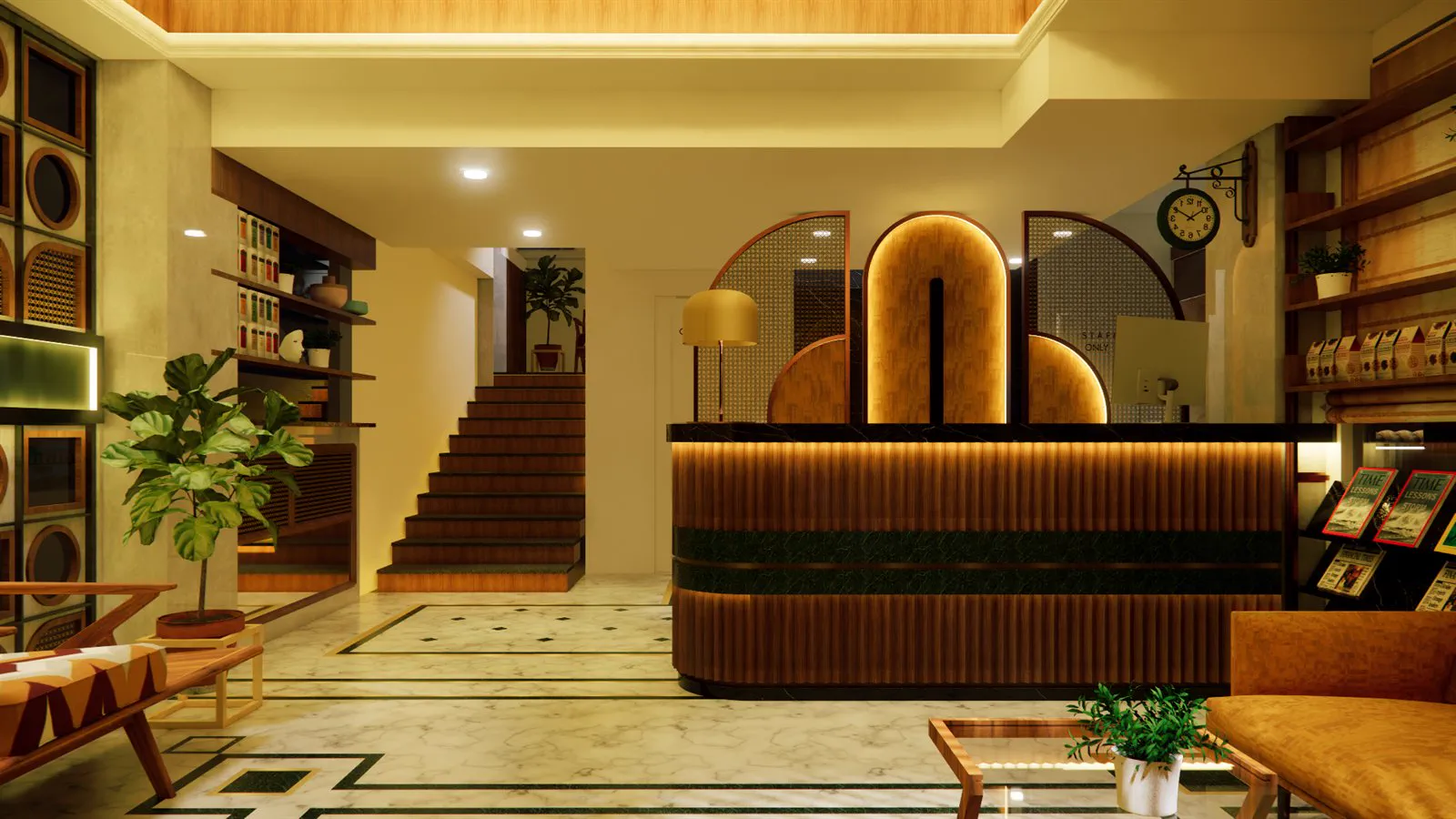 The reception desk in fluted timber with a green marble band and backlit arches behind