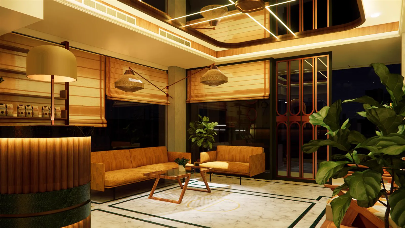 The lobby seating area with tan sofas, woven pendants and an arched screen door