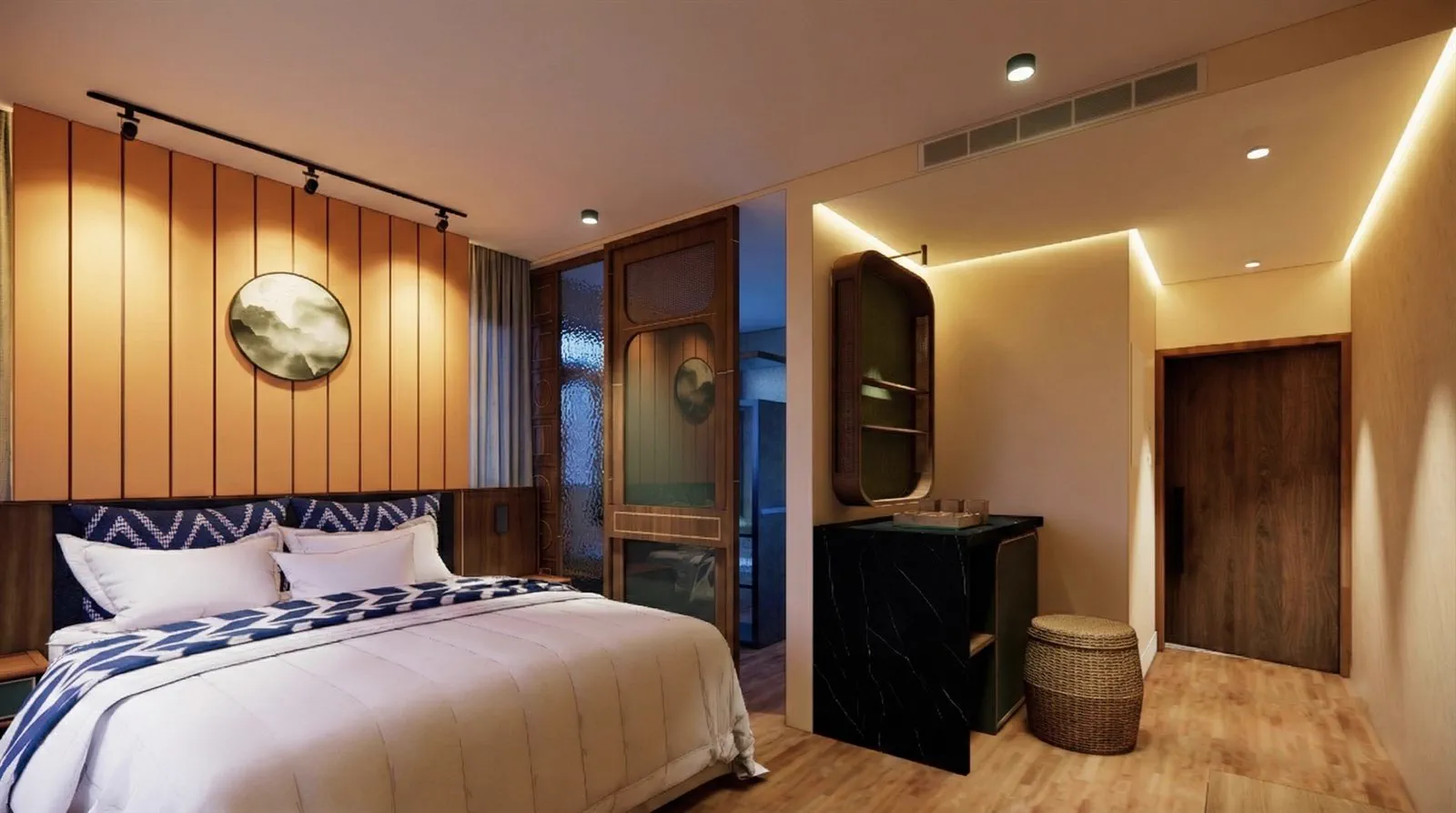 A city facing room with a wider bathroom behind a reeded glass screen