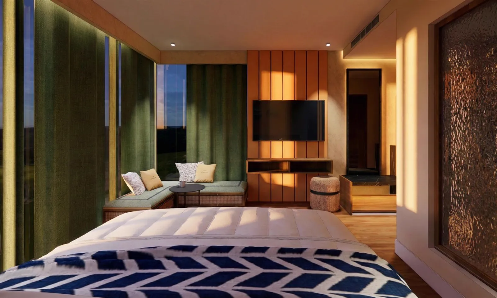 A corner room with glazing on two sides and a cushioned window seat