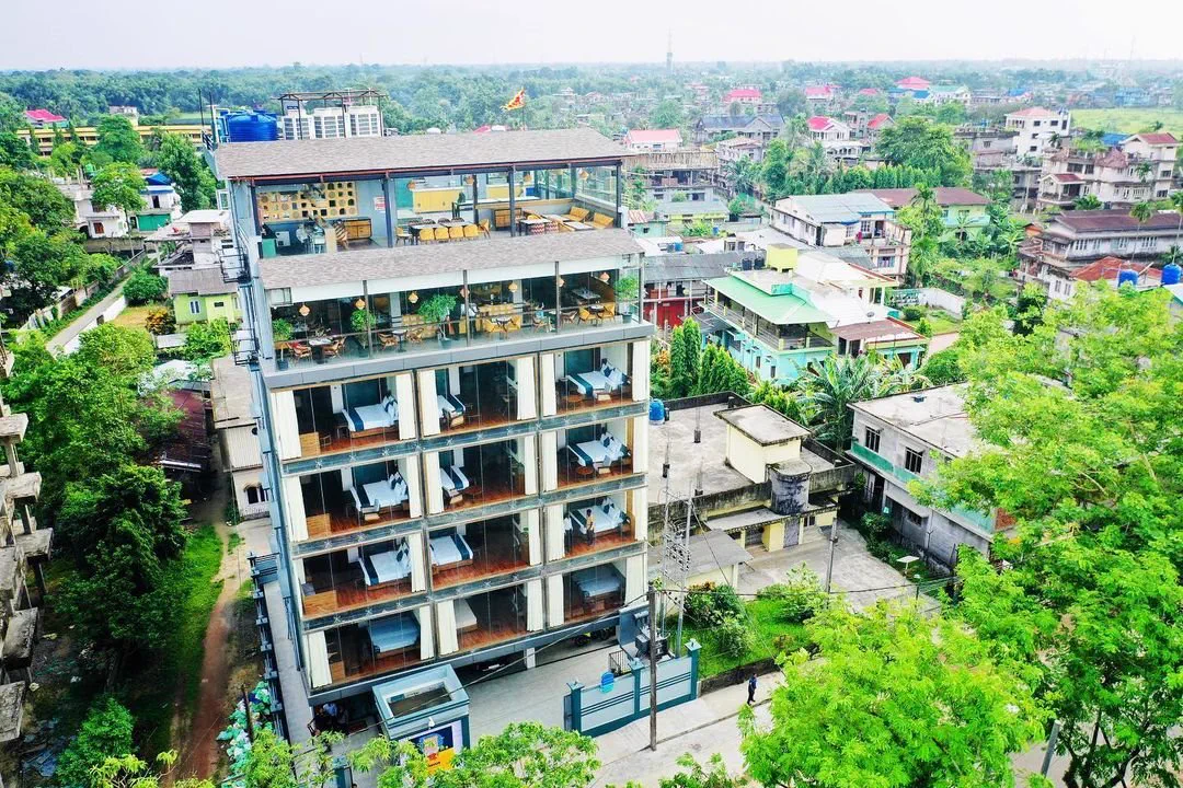 The finished hotel from the air, with the cafe and rooftop bar on the top floors