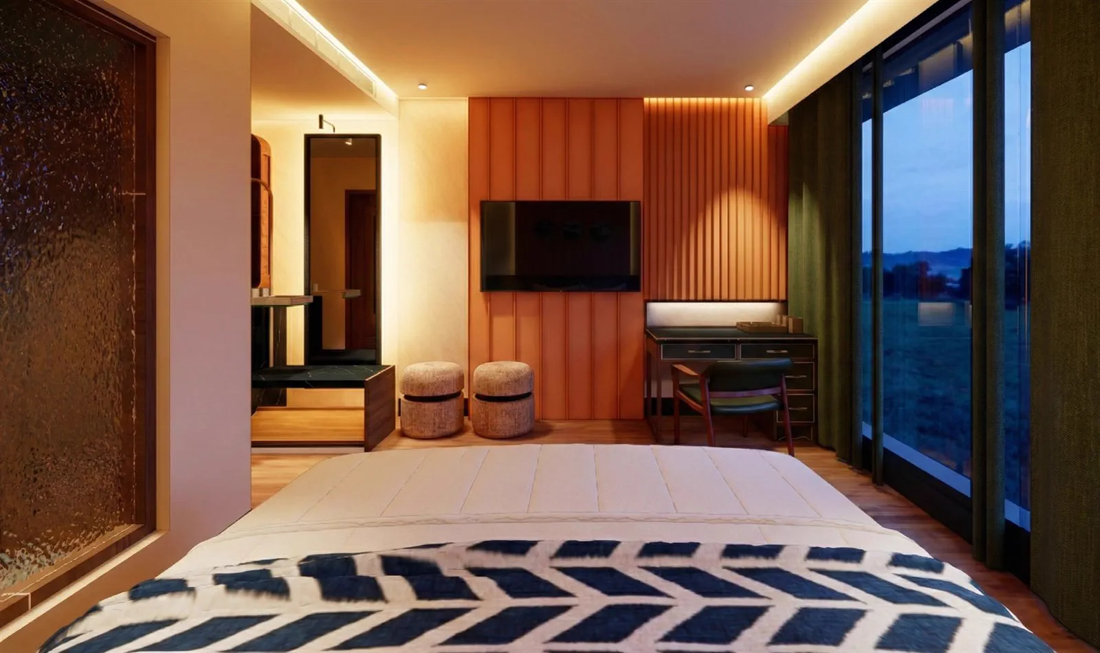 The television panel and writing desk set against the fluted wall