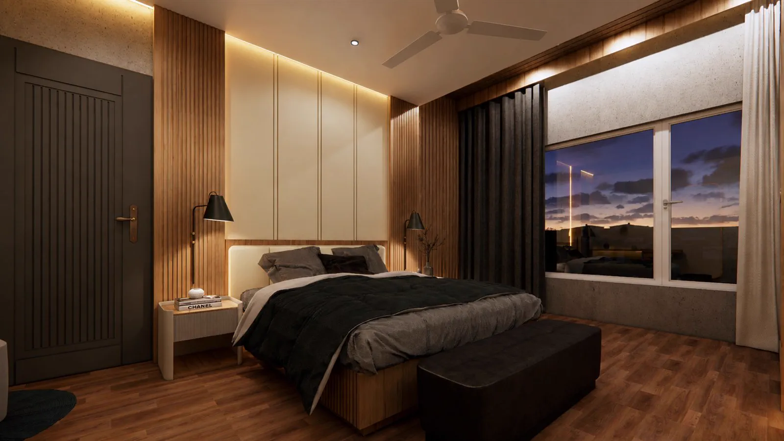 Chetan's bedroom at dusk with the window open to the city