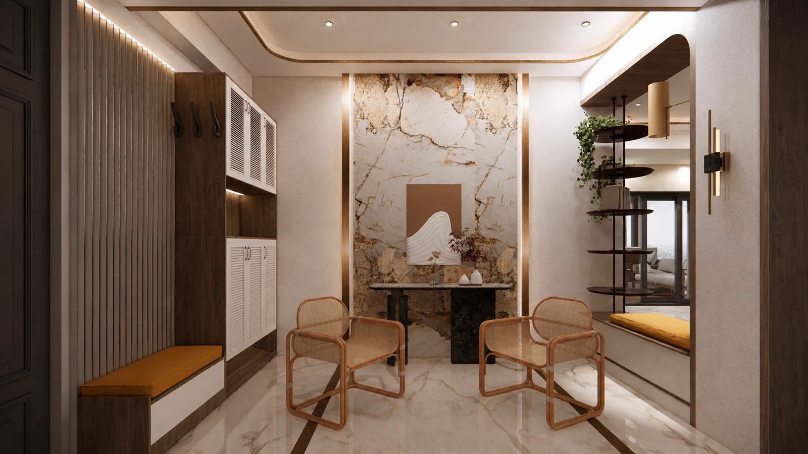 Damani Residence, cane chairs facing the console against its backlit marble slab