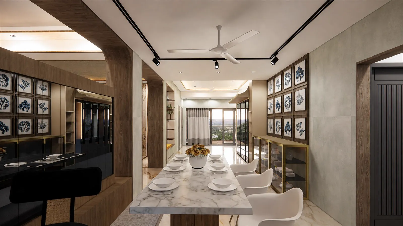 The dining table running the length of the room towards a balcony