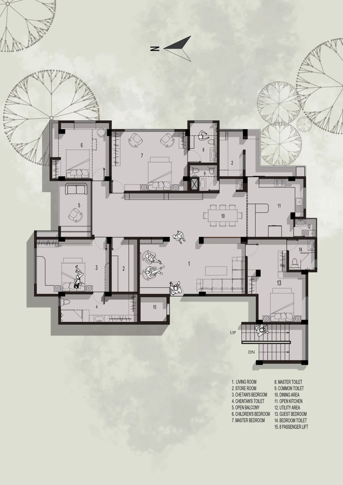 Annotated apartment plan with a fifteen-item legend