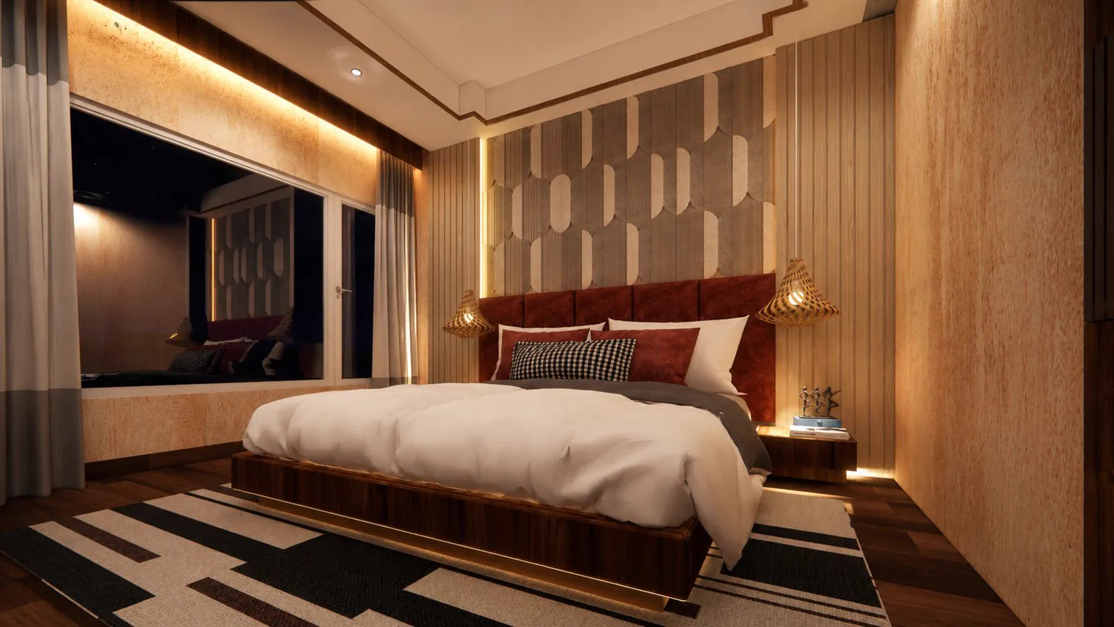 The guest bedroom with a rust velvet headboard against a geometric tiled wall
