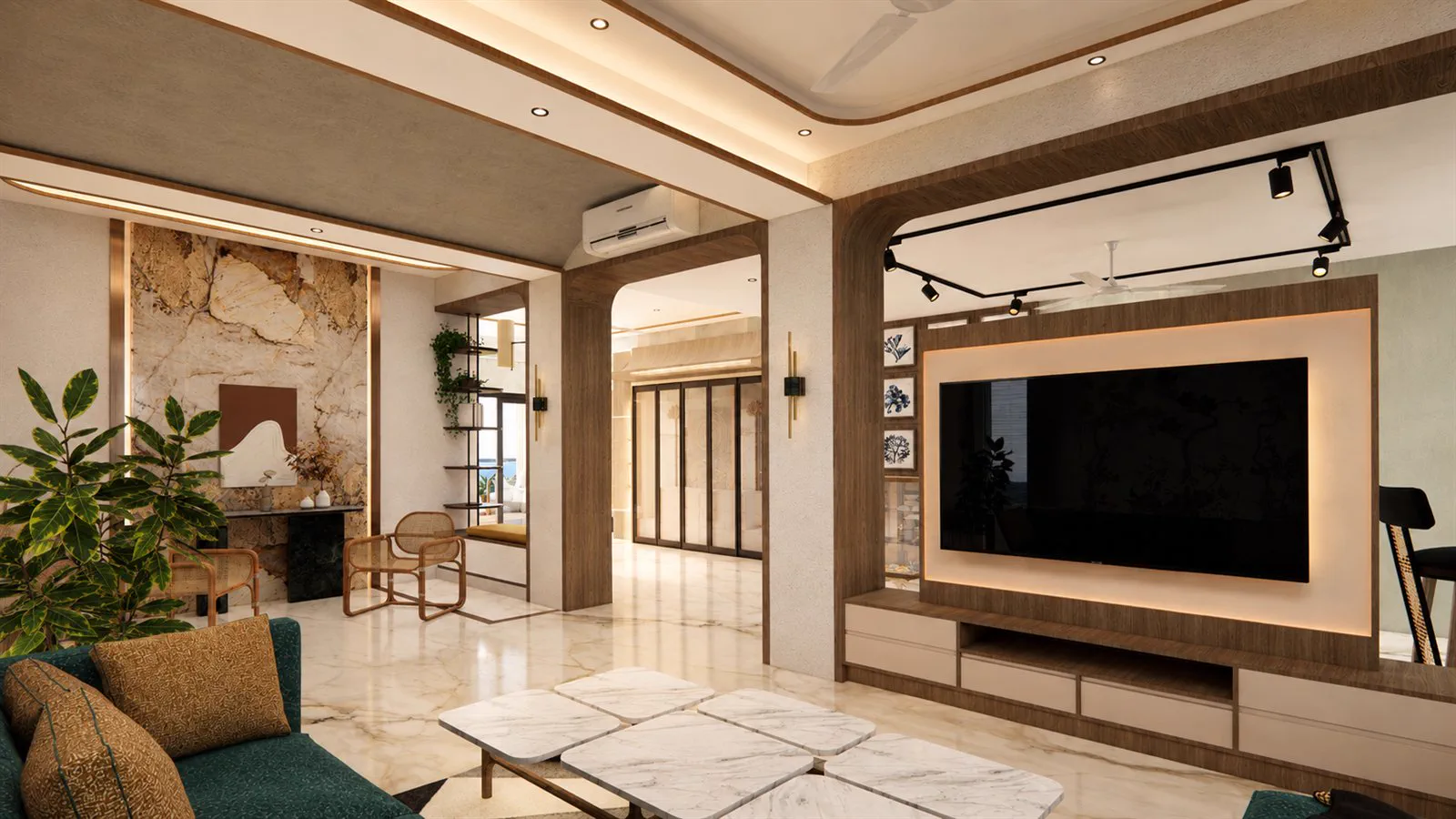 The living room, with a backlit marble feature wall and a timber television panel