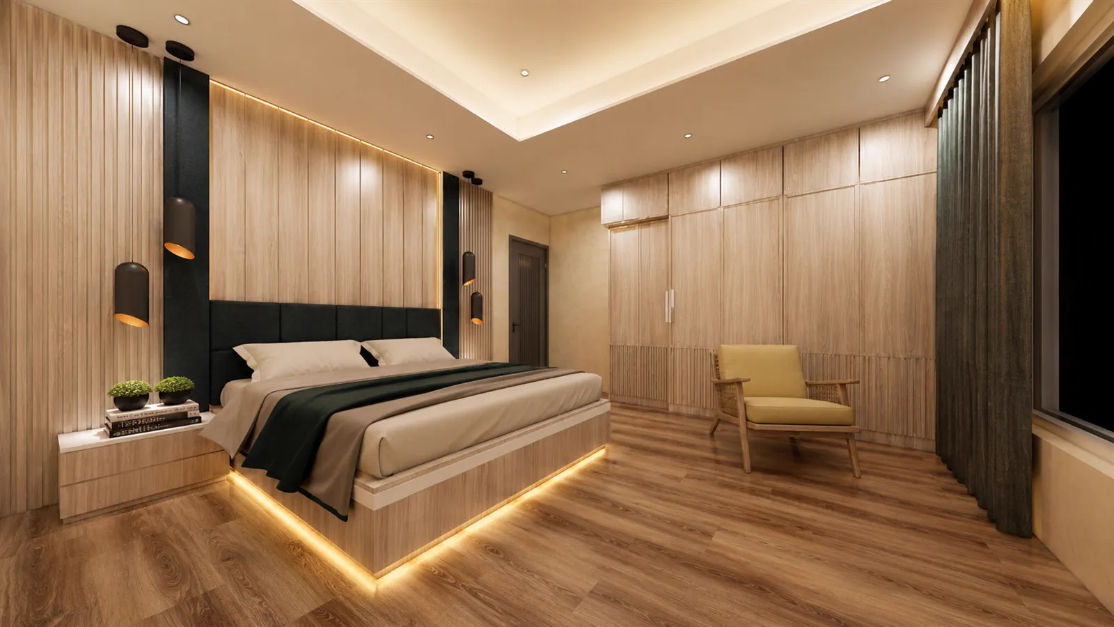 The master bedroom at Damani Residence &mdash; a fluted timber headboard wall and a bed lit from beneath