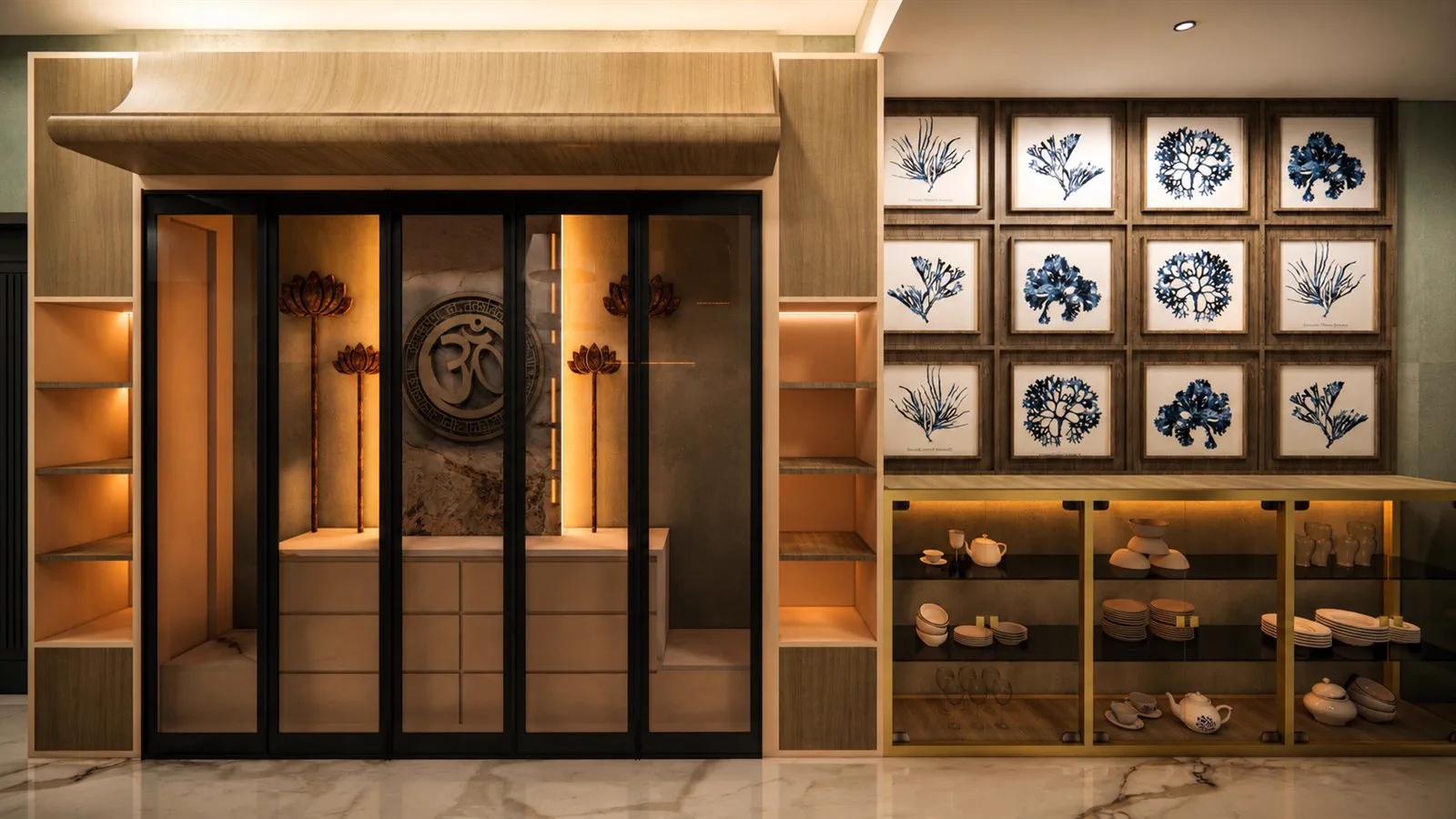 The puja room, glazed in timber, with a carved Om medallion on marble