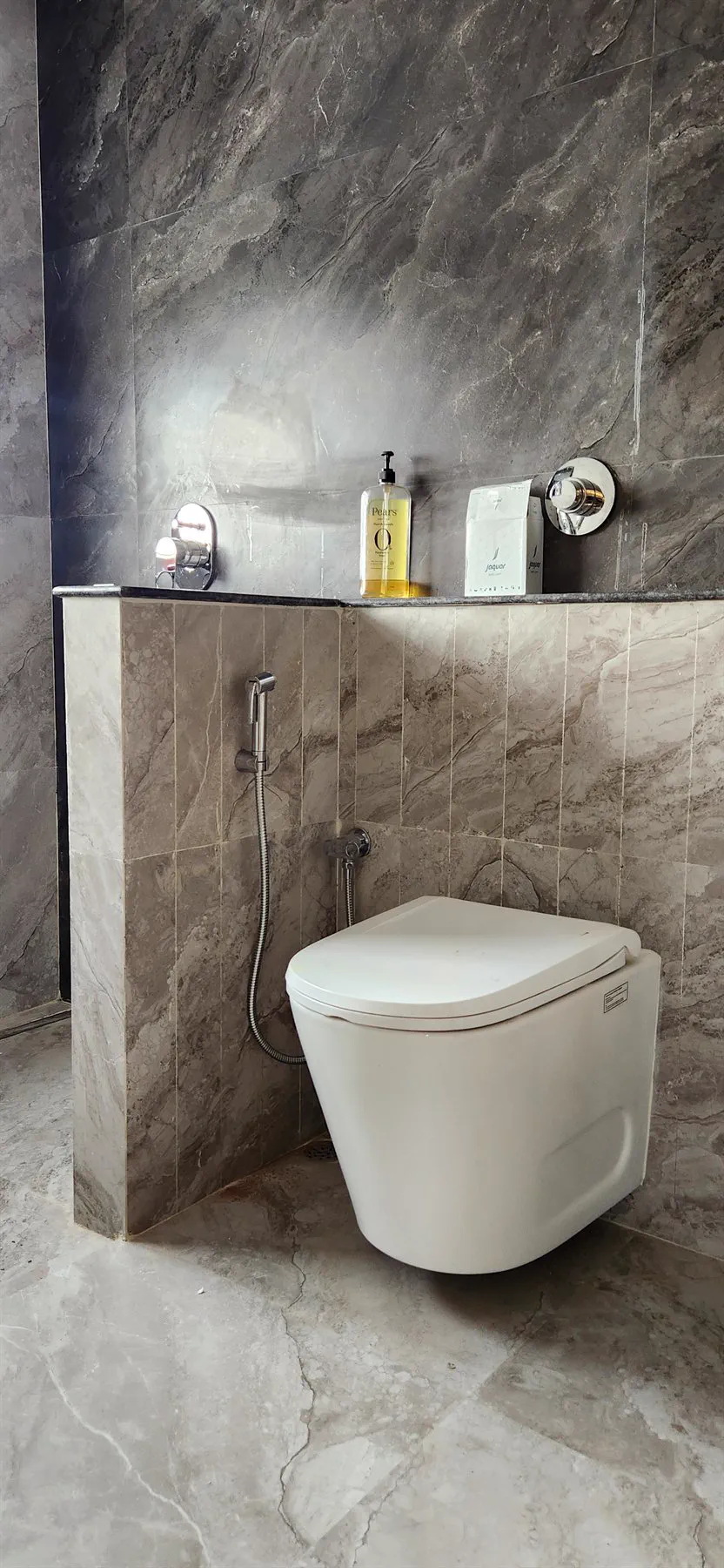 The master toilet, wall-hung on a marble-clad half wall