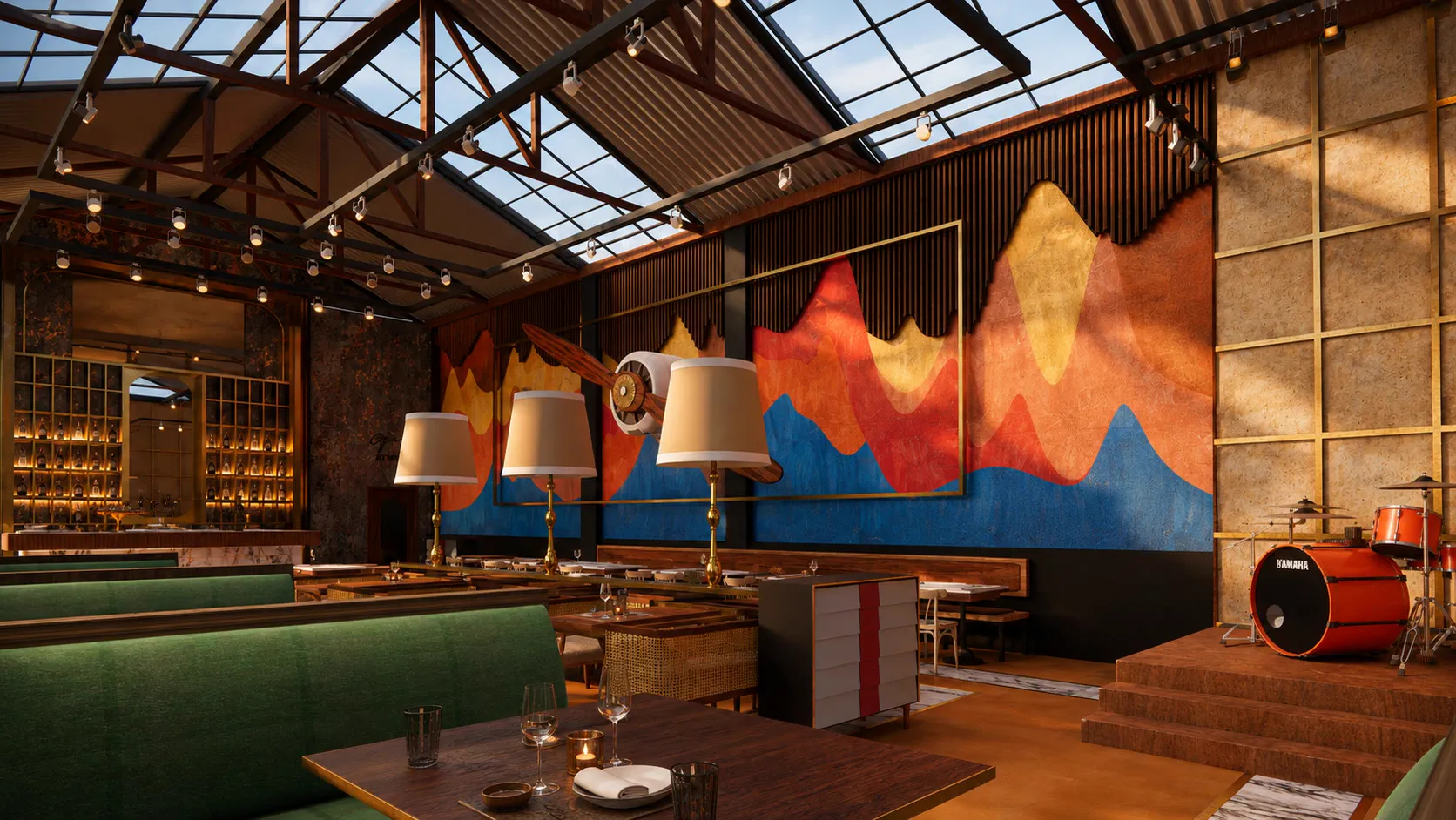 Legends Bistro &mdash; the propeller and painted hills under the timber-trussed roof, cut open to the sky