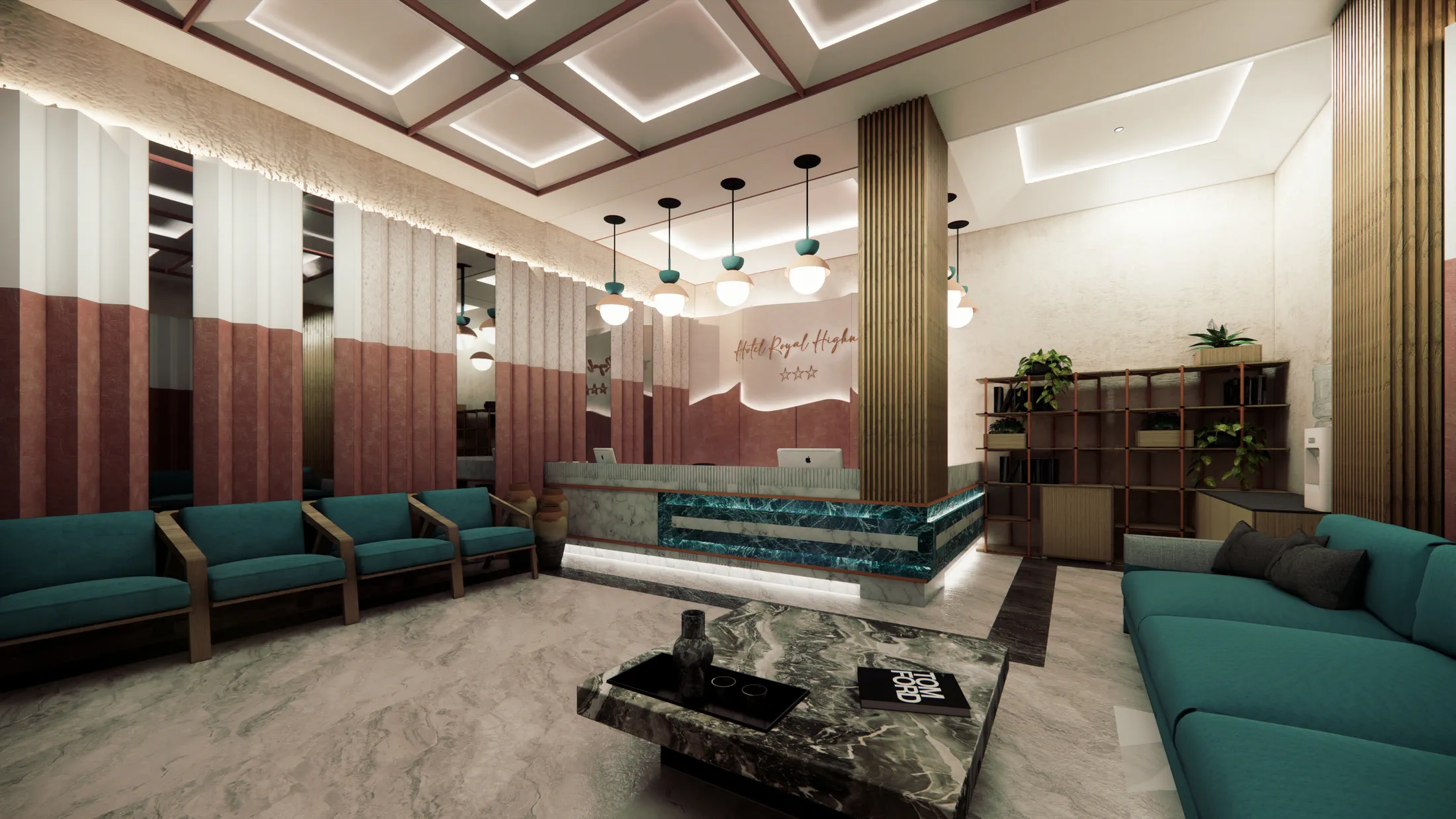 Hotel Royal Highness reception &mdash; teal pendants over a green marble desk, lounge seating either side