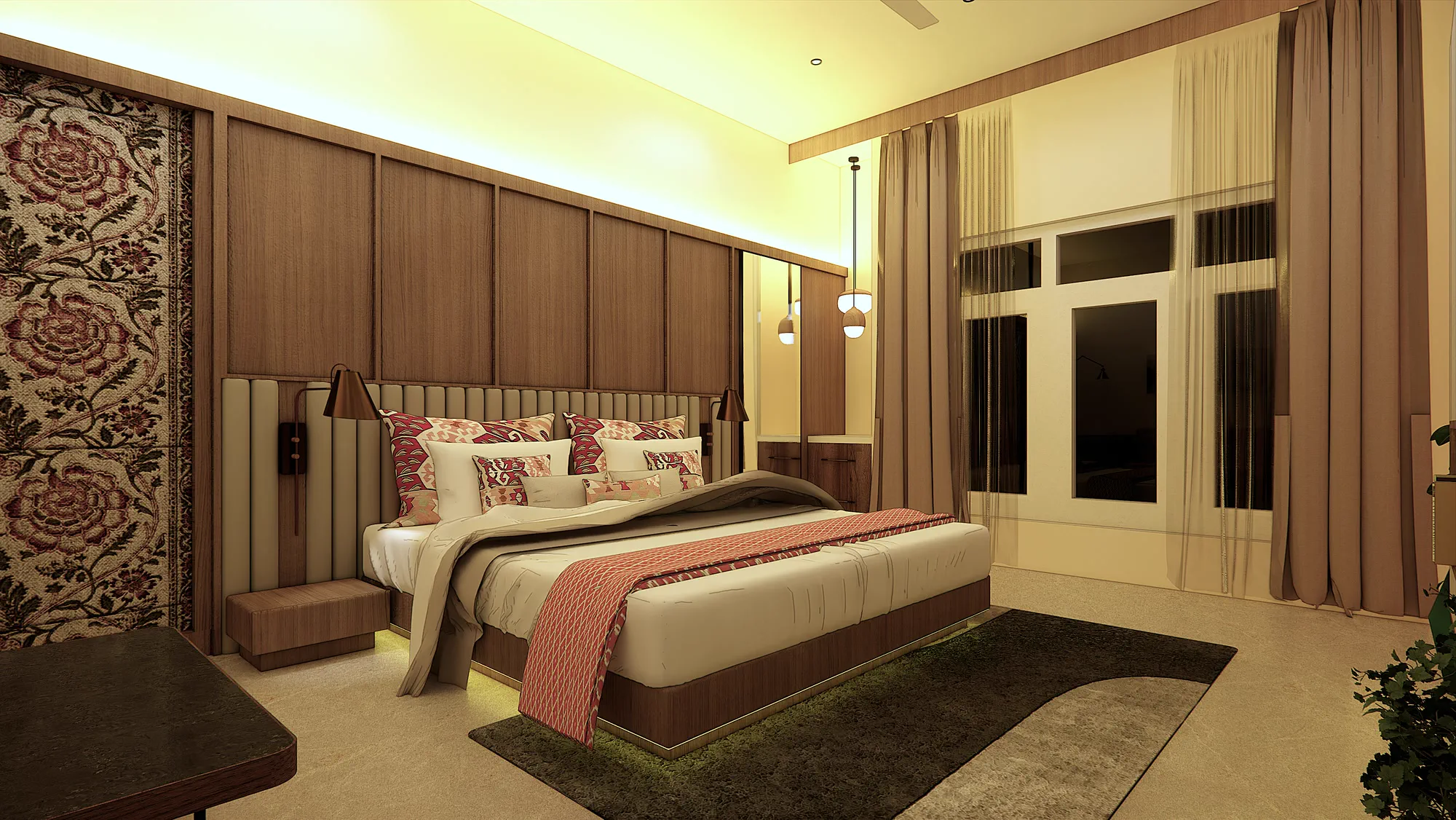 The deluxe bed wall, panelled in veneer with a full-height band of floral brocade at one end