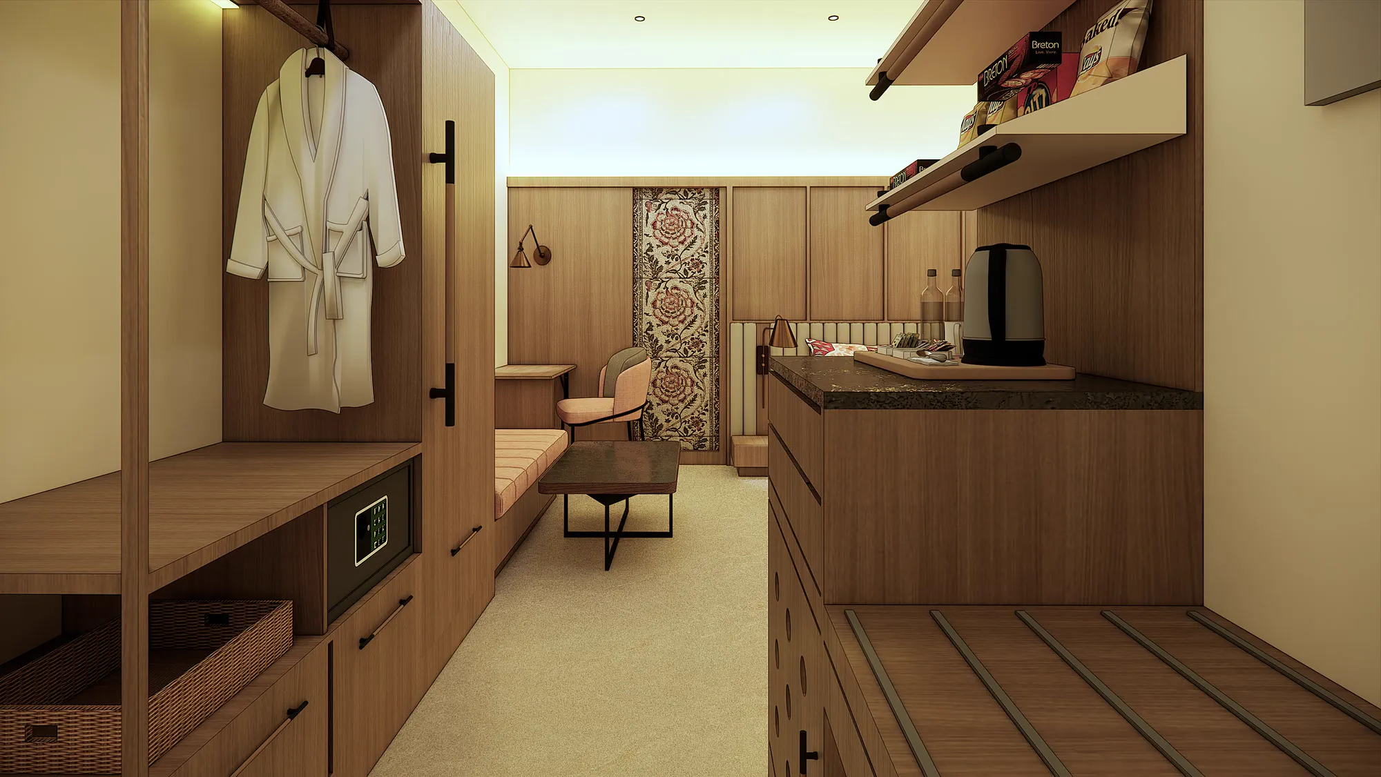 The deluxe room entrance corridor, wardrobe and safe on one side and the minibar on the other
